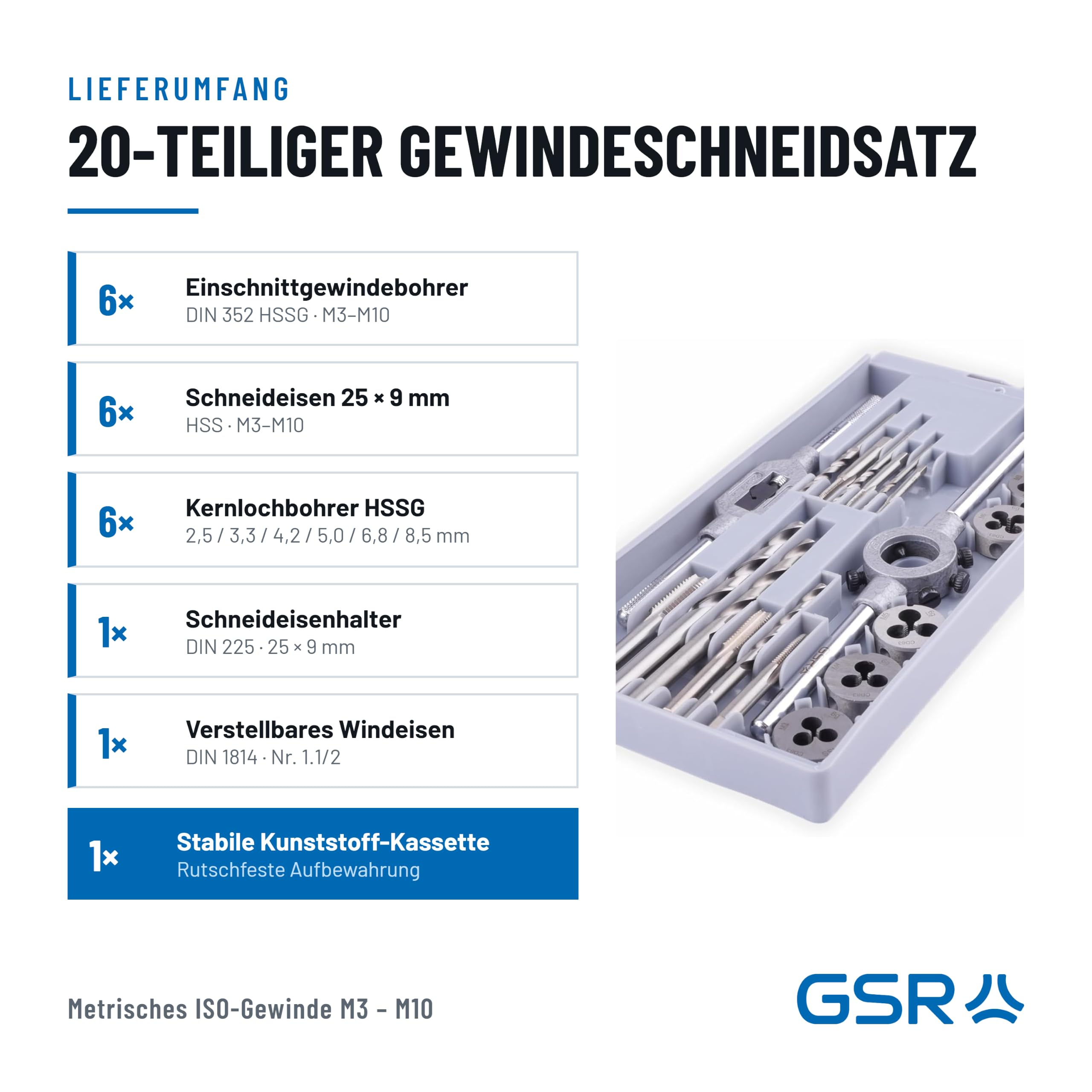 GSR Profi HSS-G Gewindeschneidsatz, 20-teilig, Geschliffen, Gewindebohrer Set M3-M10, Einschnittgewindebohrer & Schneideisen inklusive Zubehör Werkzeug, Für Innengewinde & Außengewinde