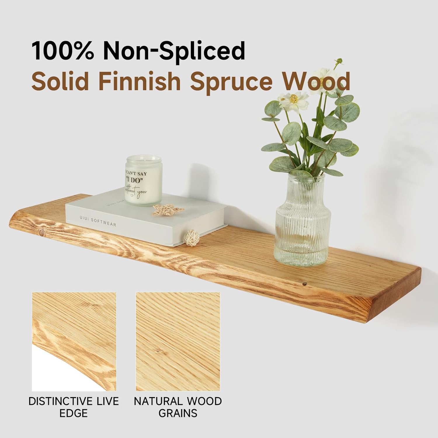 36 Inch Wooden Floating Shelves for Wall Set of 2, Finnish Spruce Solid Wood Shelf, Natural Wood Floating Shelves for Living Room, Bathroom, Bedroom, Kitchen, Natural Finish