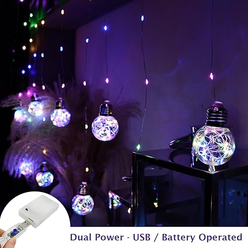 Miniatura 2 de Wish - Cortina de luces de bola de 200 luces LED para ventana, cortina de guirnalda de luces parpadeantes con USBbatería, para telón de fondo de