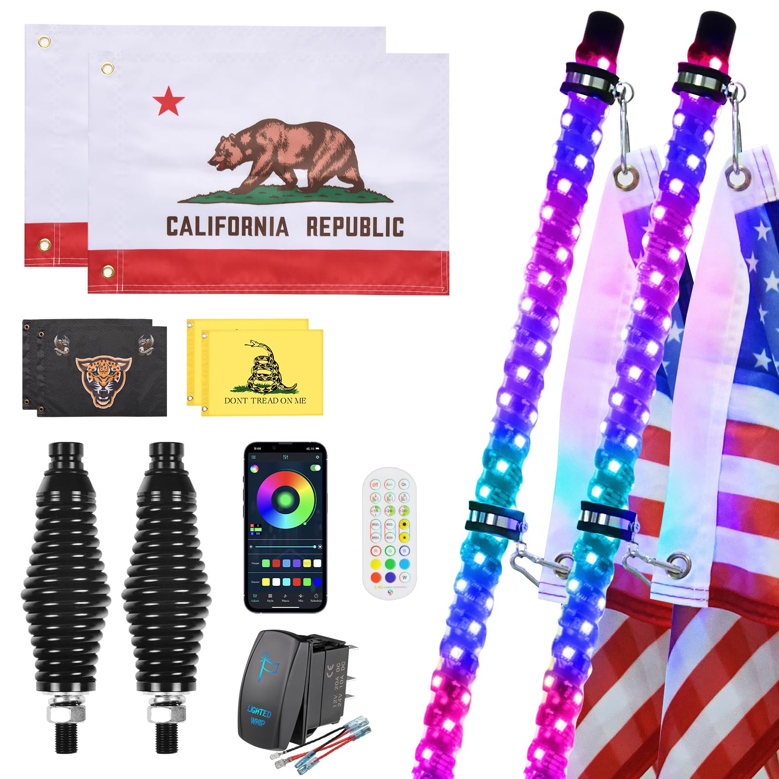 2 Pack 2FT Whip Lights with Spring Base (Include California Flags), LED Whip Light with App & Remote Control, Spiral RGB Chasing Lighted Antenna Whips, Music Whip Light for UTV ATV RZR Can-Am