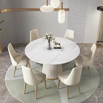 53" Modern Dining Table Set for 6, Kitchen Table and Chairs Set, Sintered Stone Tabletop and Solid Wooden Frame,Round Dining Table Set with 6 PU Upholstered Chairs