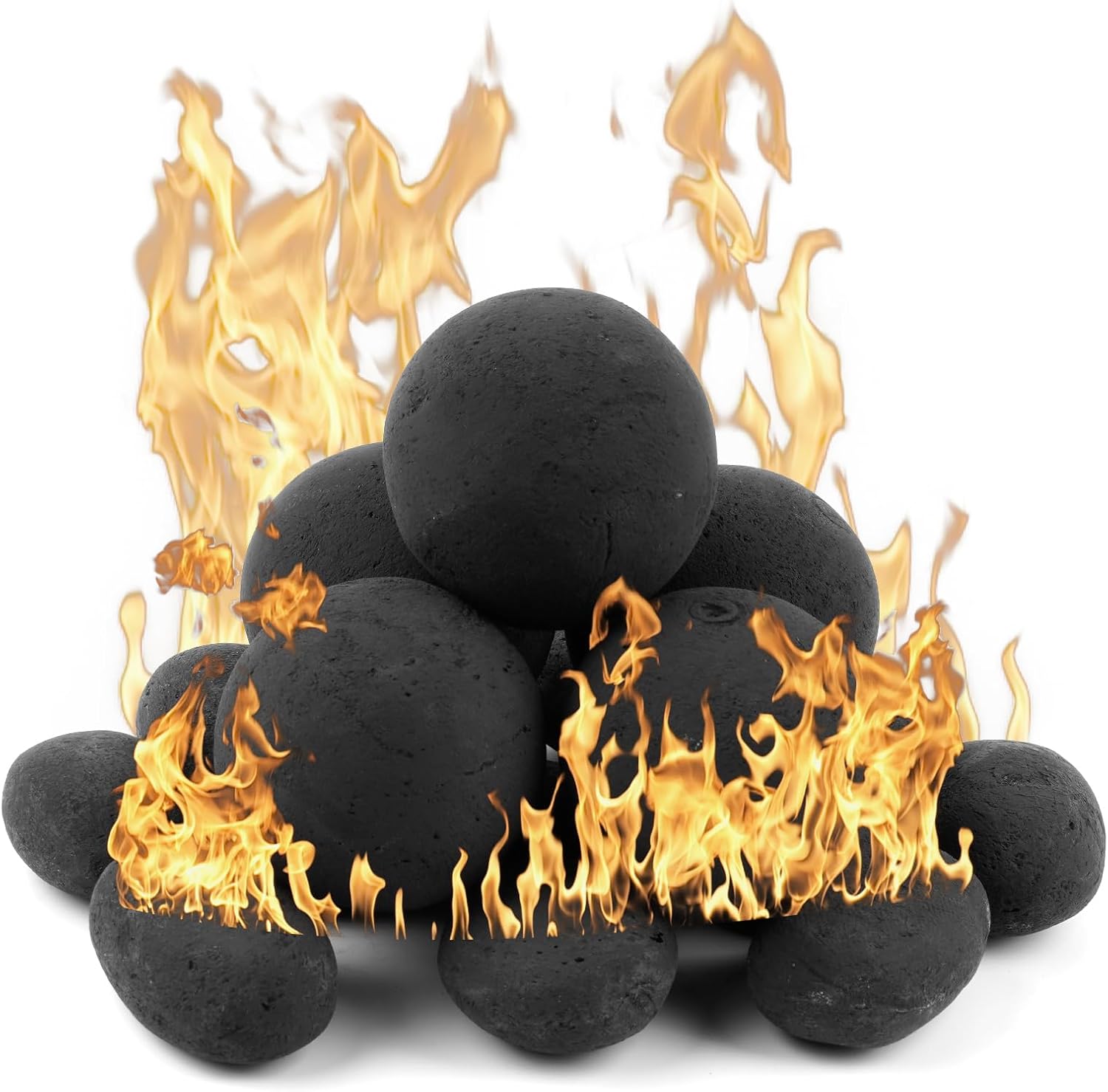 Ceramic Fire Pit Stones Set - Includes 12 Black Pebble Stones and 5 Round 3-Inch Balls for Indoor & Outdoor Fireplaces and Fire Pits - Safe and Reusable