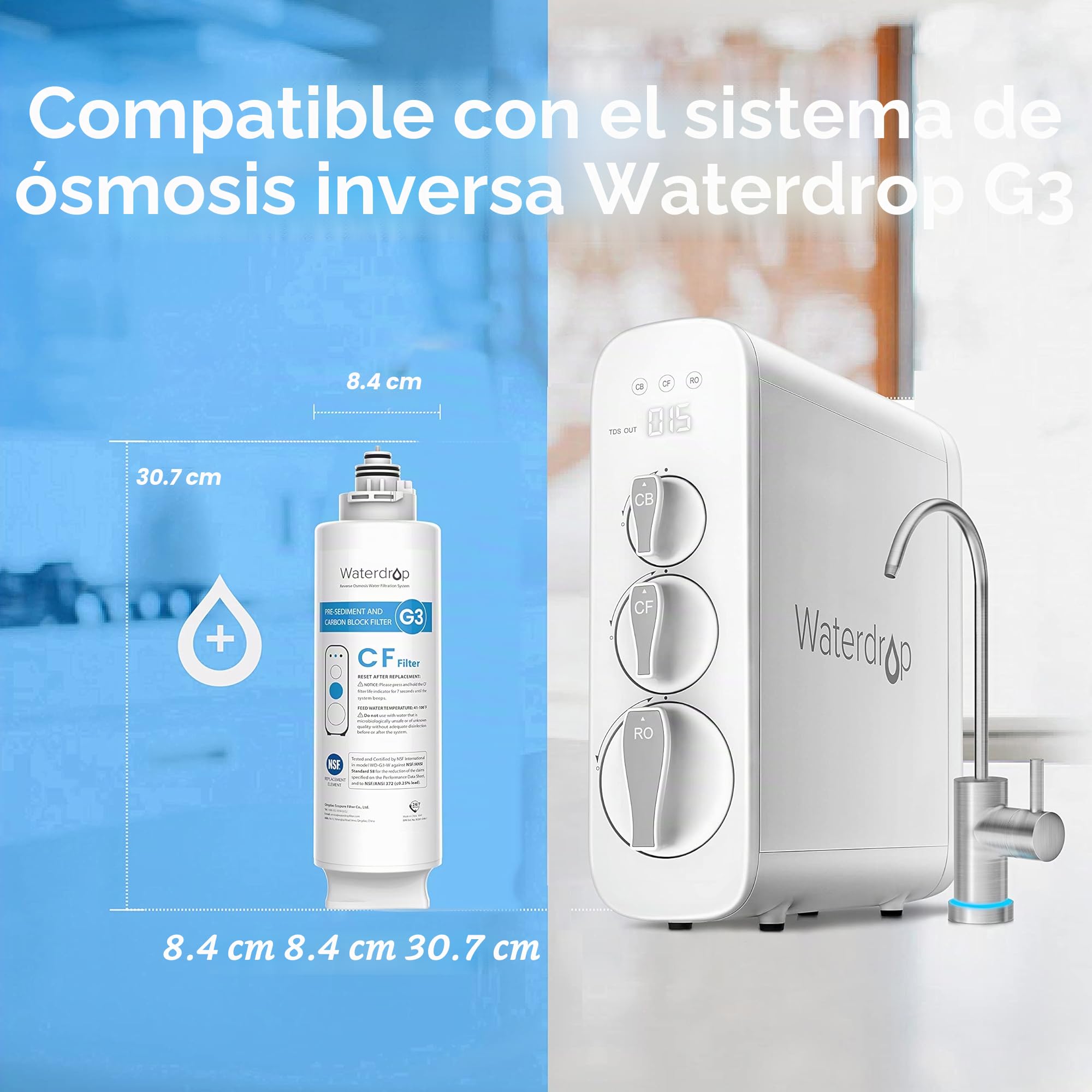 Waterdrop Filtro WD-G3-N1CF, 6 meses de vida útil, Reemplazo para el Sistema de ósmosis inversa WD-G3-W