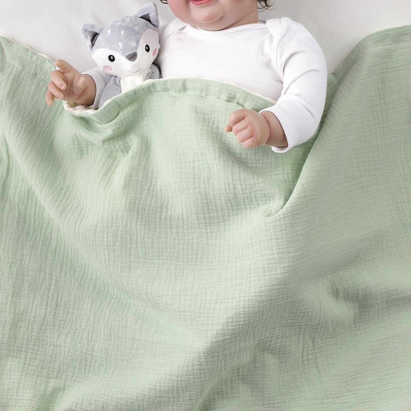 CREVENT 30''X40'' Organic Muslin Cotton Baby Blanket for Newborns, Soft Mink Backing, Essential for Baby Shower Birthday Gift - Green 75X100cm - Image 3