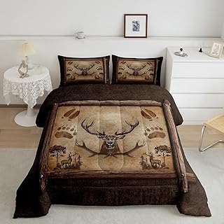 Manfei Rustic Farmhouse Kids Comforter Set King Size,Deer Antlers Pine Trees Country Bedding Set,Boys Girls Adults Cabin Decor,Paws Wooden Door Down Comforter,Brown Retro Duvet Insert,2 Pillowcases