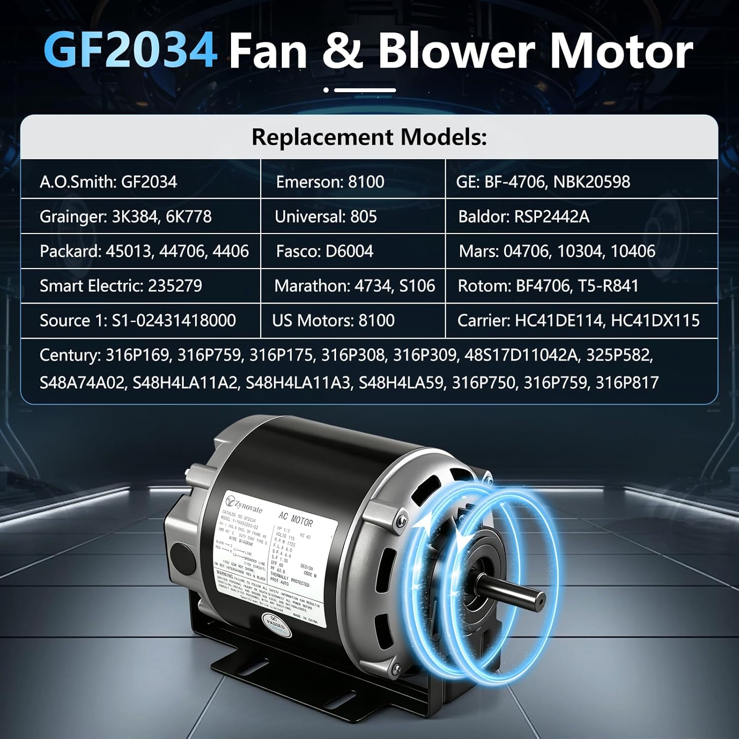 GF2034 Blower Motor, 1/3 HP 115V 60Hz 1725RPM 48 Frame, Belt Drive Compatible with Packard 45013, AO Smith/Century 316P169, Emerson 8100, GE BF-4706, Universal 805, Baldor RSP2442, Carrier HC41DE114