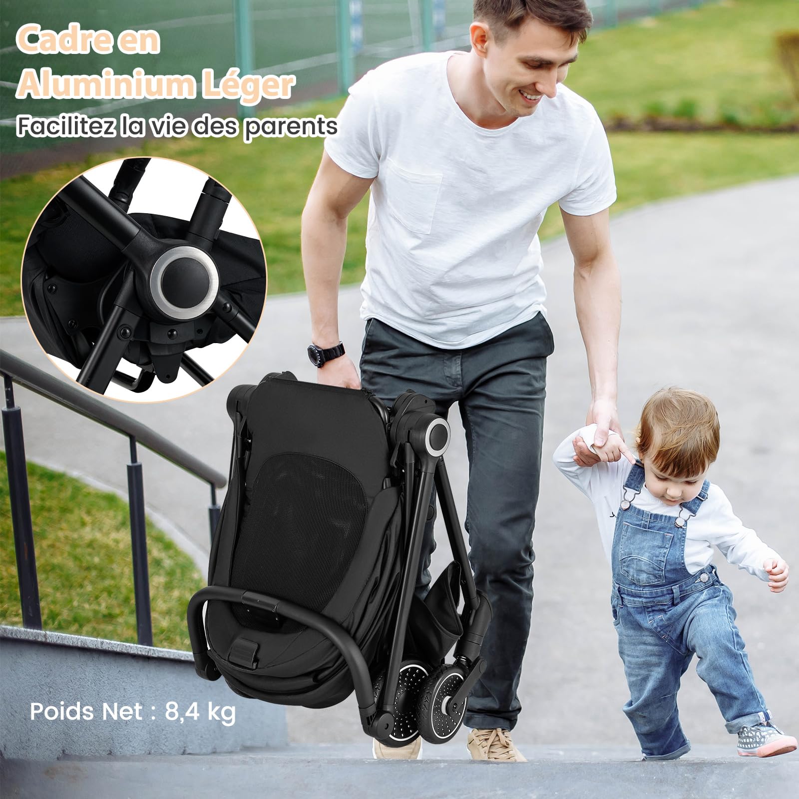 COSTWAY Poussette Canne Bébé 0-3 Ans(Charge 15 kg) avec Siège Réversible & Dossier Inclinable, Poussette Compacte et Légère Pliable avec Auvent Réglable & Panier Inférieur, Harnais à 5 Points (Noir)