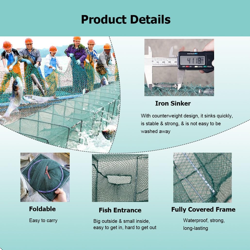 Trampa de Cebo Plegable for camarones y cangrejos de 7,9 a 52,5 pies de Largo, Red de Pesca en Agua Salada, Captura automáticamente más Peces fácilmente