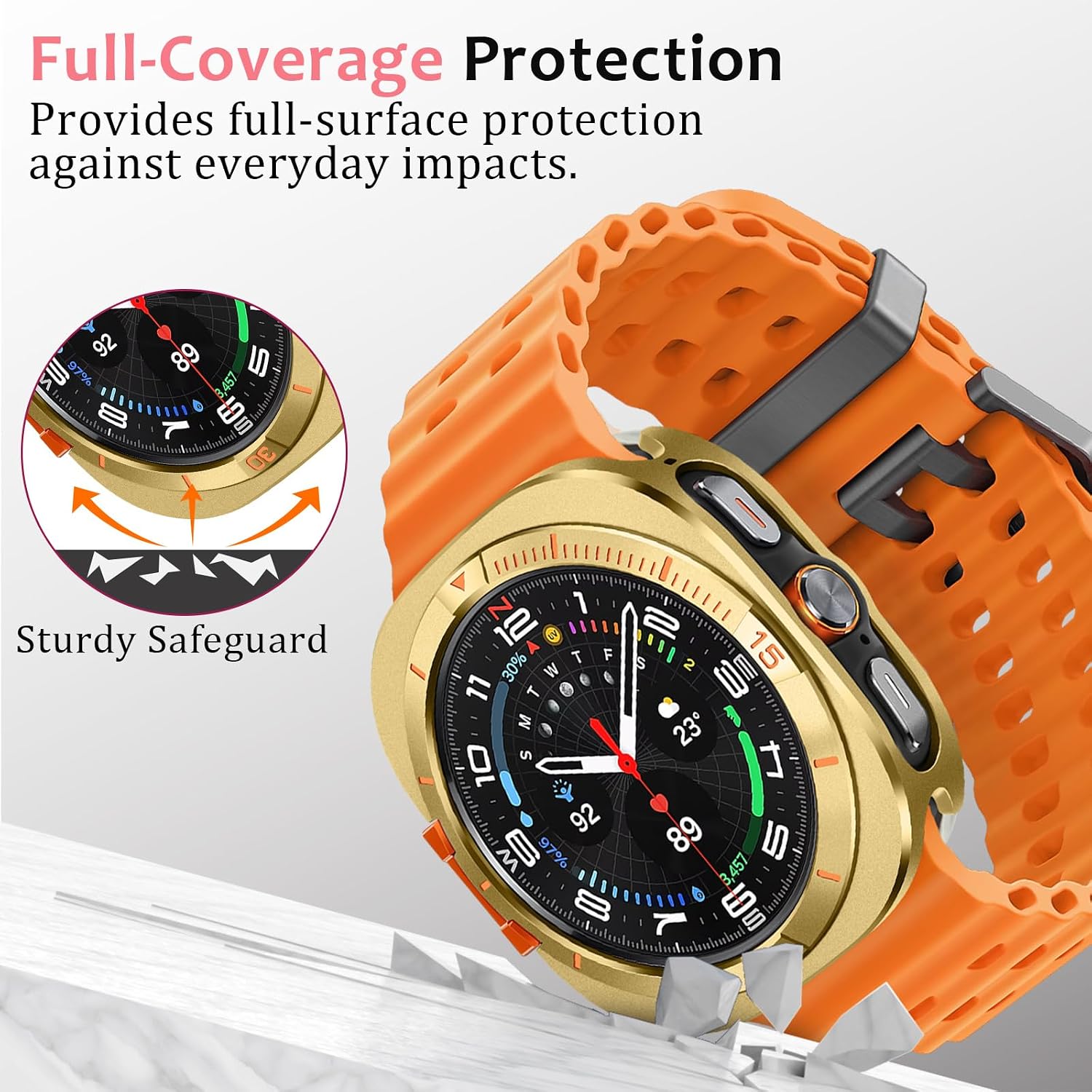 Amizee Metal Case Compatible with Samsung Galaxy Watch Ultra Case (2025/2024) 47mm with Back Cover, Rugged Protective Bumper Cover for Galaxy Watch 7/8 Ultra, Gold/Orange