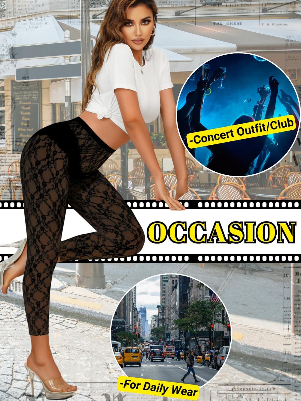 Floral Lace Leggings,High Waisted Footless Tights for Women,Sheer Mesh Pants Bridal Date Night Concert - Image 7