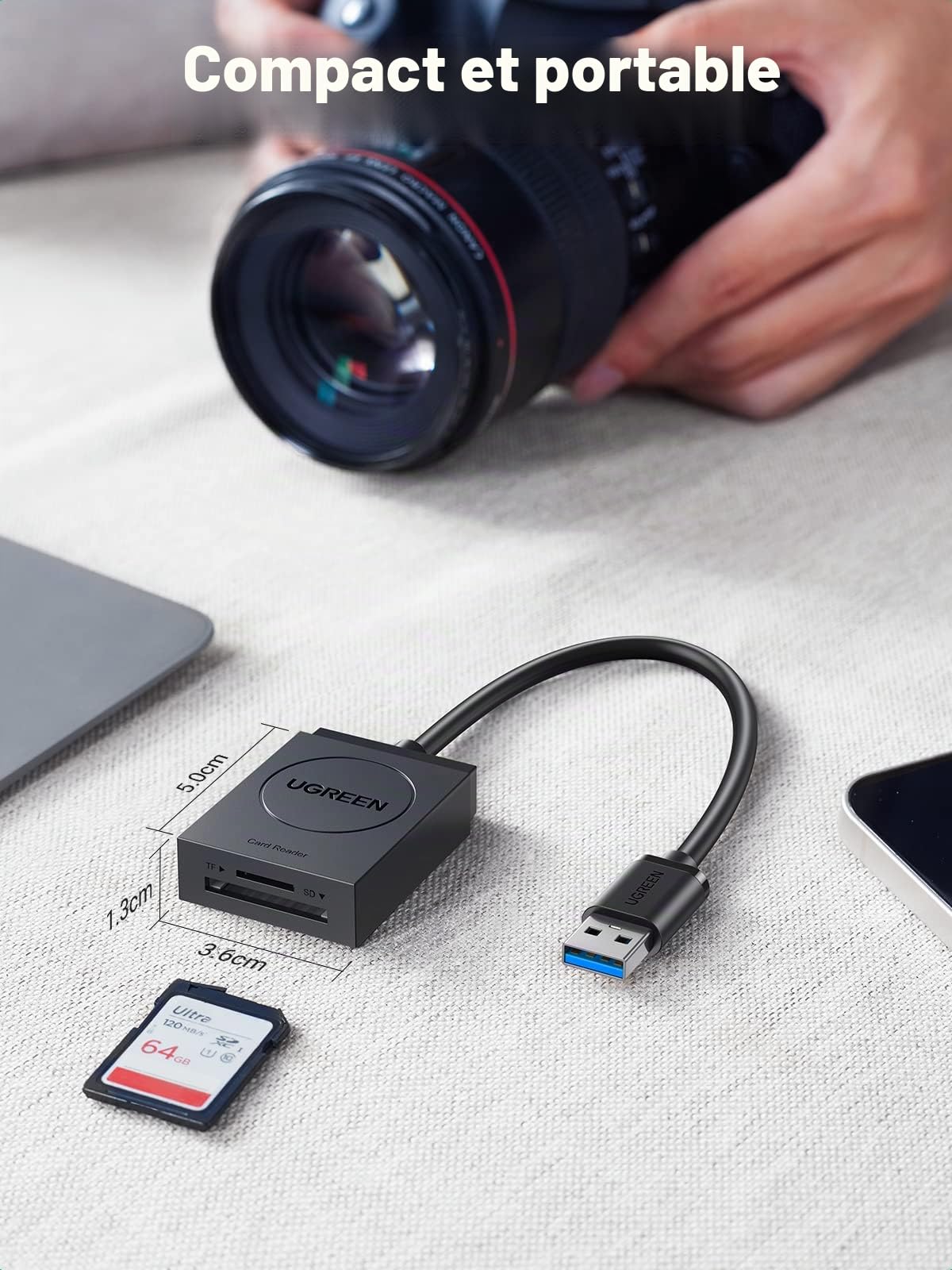 UGREEN Lecteur de Carte SD USB 3.0 5Gbps Transfert Rapide 2 Cartes Max 2To SD Card Reader Micro SDXC SDHC MMC Plug Play Windows MacOS Linux
