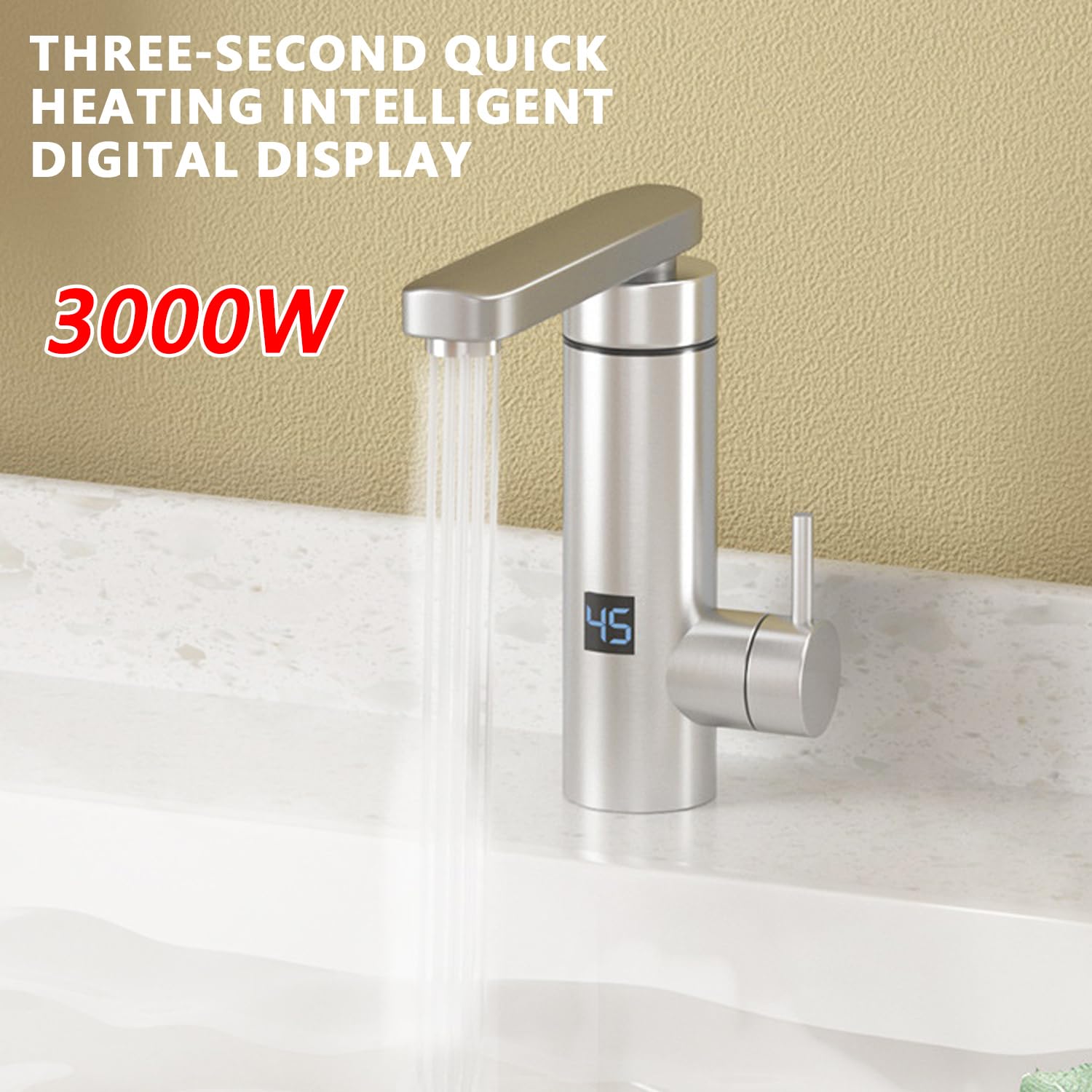 Robinet Chauffant Instantané, 3000W Réglable Température Acier Inoxydable Robinet électrique de Chauffe-Eau Instantané avec Affichage Numérique LED et Rotation à 360 ° pour Cuisine et Salle de Bain