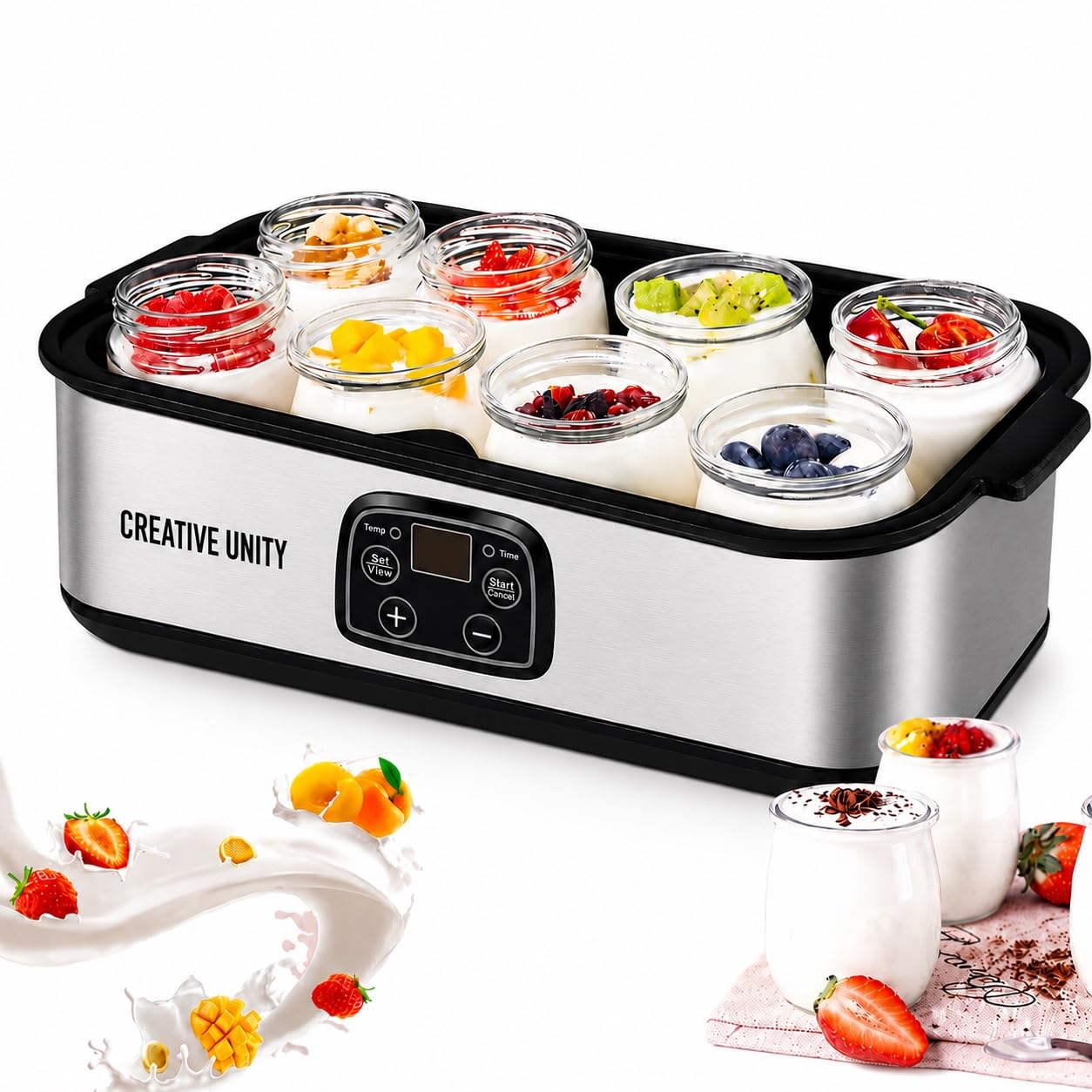 CREATIVE UNITY Yogurt Maker with Adjustable Time and Temp Control, Yogurt Maker Machine with 8 GLASS JARS with Automatic Shut-Off & Constant Temper for Homemade Probiotic, Greek Yogurt, BPA-Free-image-3