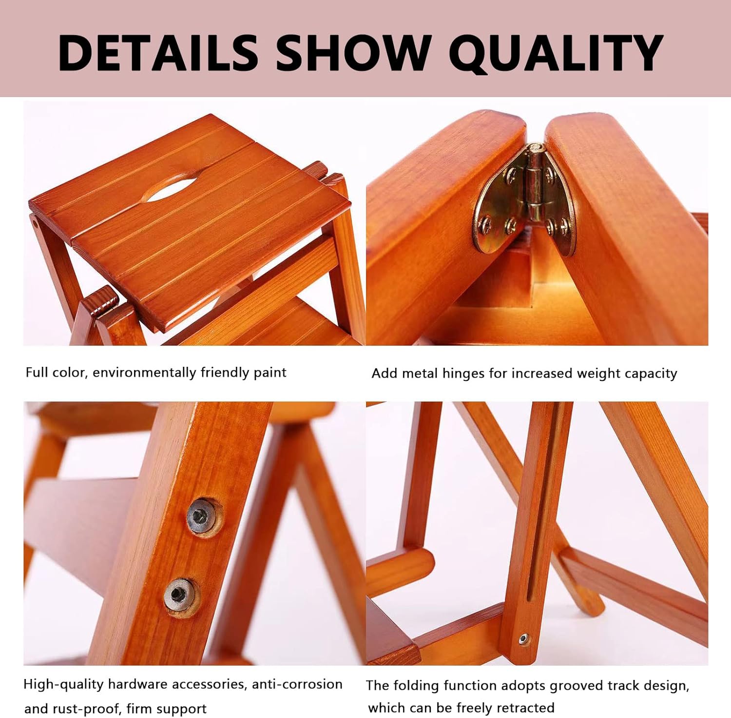 Natural Solid Wood Folding Stair Stool Space Saving 2 Step Ladder for Home Kitchen Office Lightweight Portable Easy to Store Design