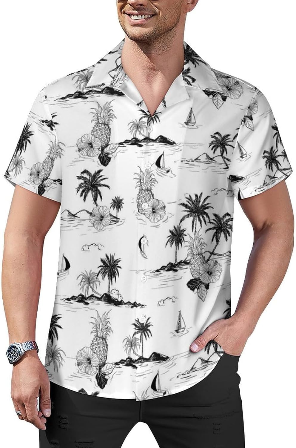 Hawaiian Shirt for Men Tropical Animal Flowers Button Down Shirts Tropical Casual Shirt Short Sleeve Summer Shirt XX-Large, Pineapple Sailboat - Image 2