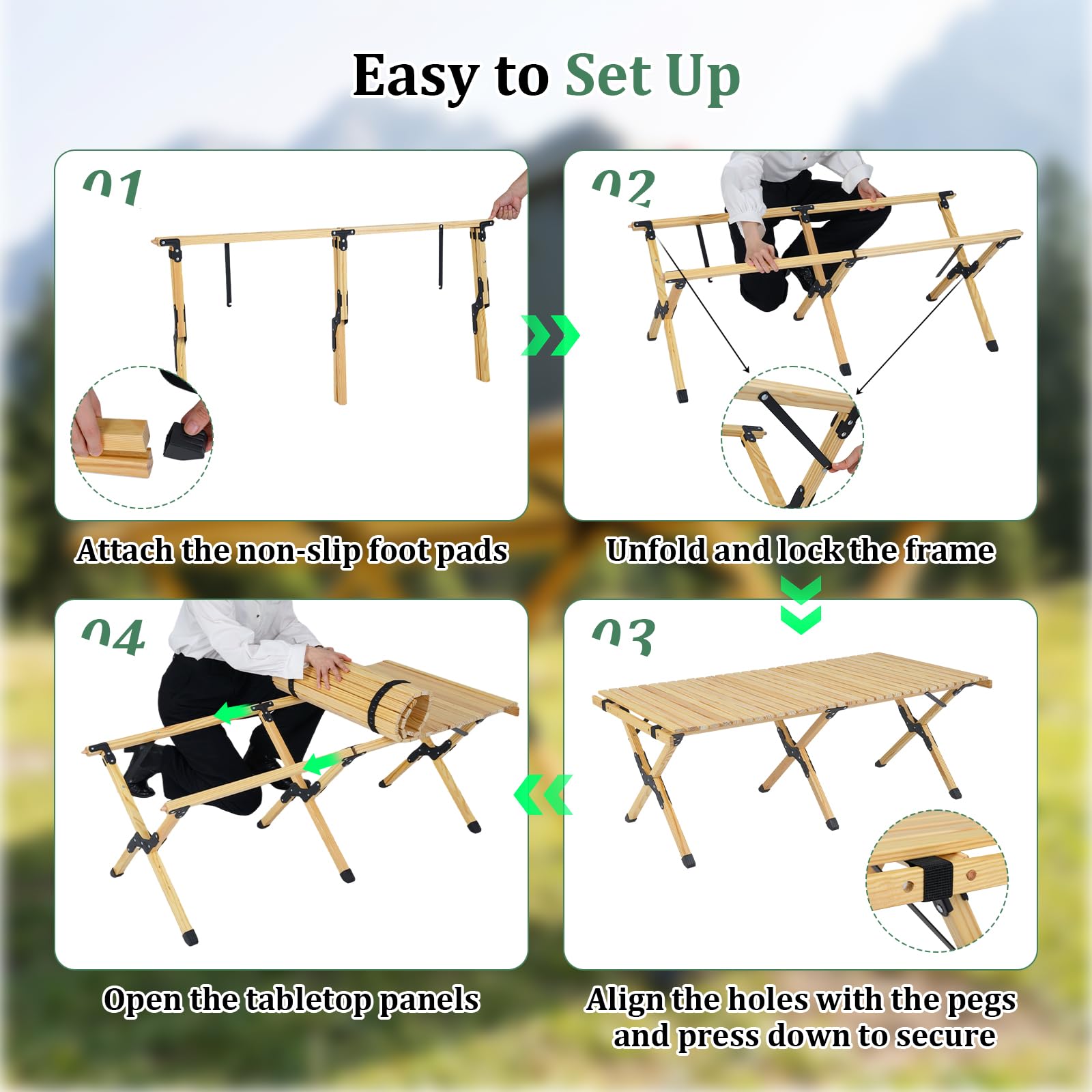 SOARS Tavolo da Campeggio Pieghevole 4-6 Posti, Tavolino Picnic con Piano Arrotolabile in Legno, Tavolo da Esterno Salvaspazio, con Borsa Trasporto, da Giardino, BBQ, Parco, 122 x 60 cm (Naturale)