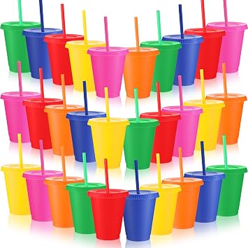 Sieral 30 Pack Cups with Lids and Straws Kids Tumbler with Straw Reusable Water Bottle Iced Coffee Travel Mug Adults Plastic Cups for Parties 16 oz Vibrant Colors