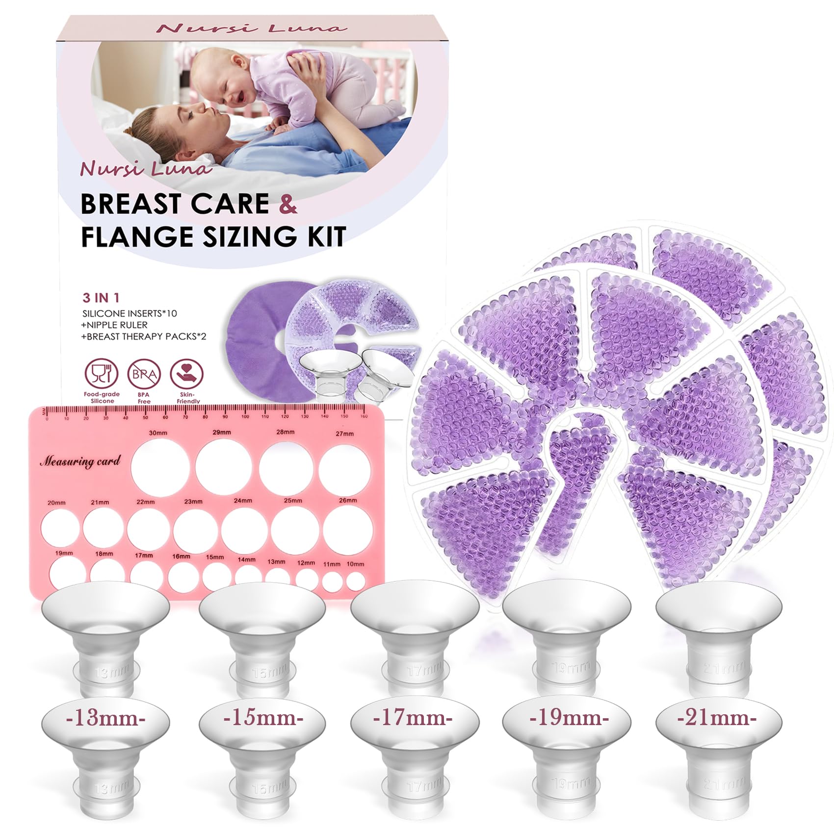 Flange Sizing Kit with Flange Inserts 13/15/17/19/21mm 10PCS, Nipple Ruler Tool, 2 Hot and Cold Breast Therapy Packs, Flange Insert for 24mm Pump, Breastfeeding Essential Kit for New Moms