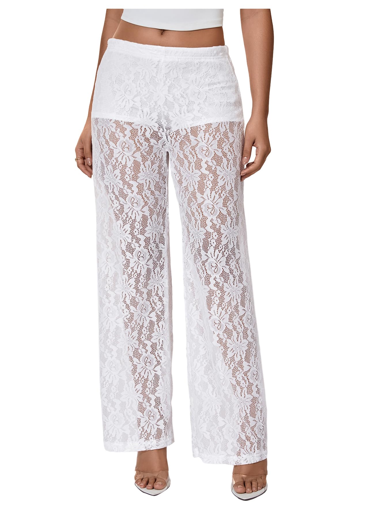 Milumia Womens Floral Lace Sheer Mesh Pants Low Waist See Through Wide Leg Trousers