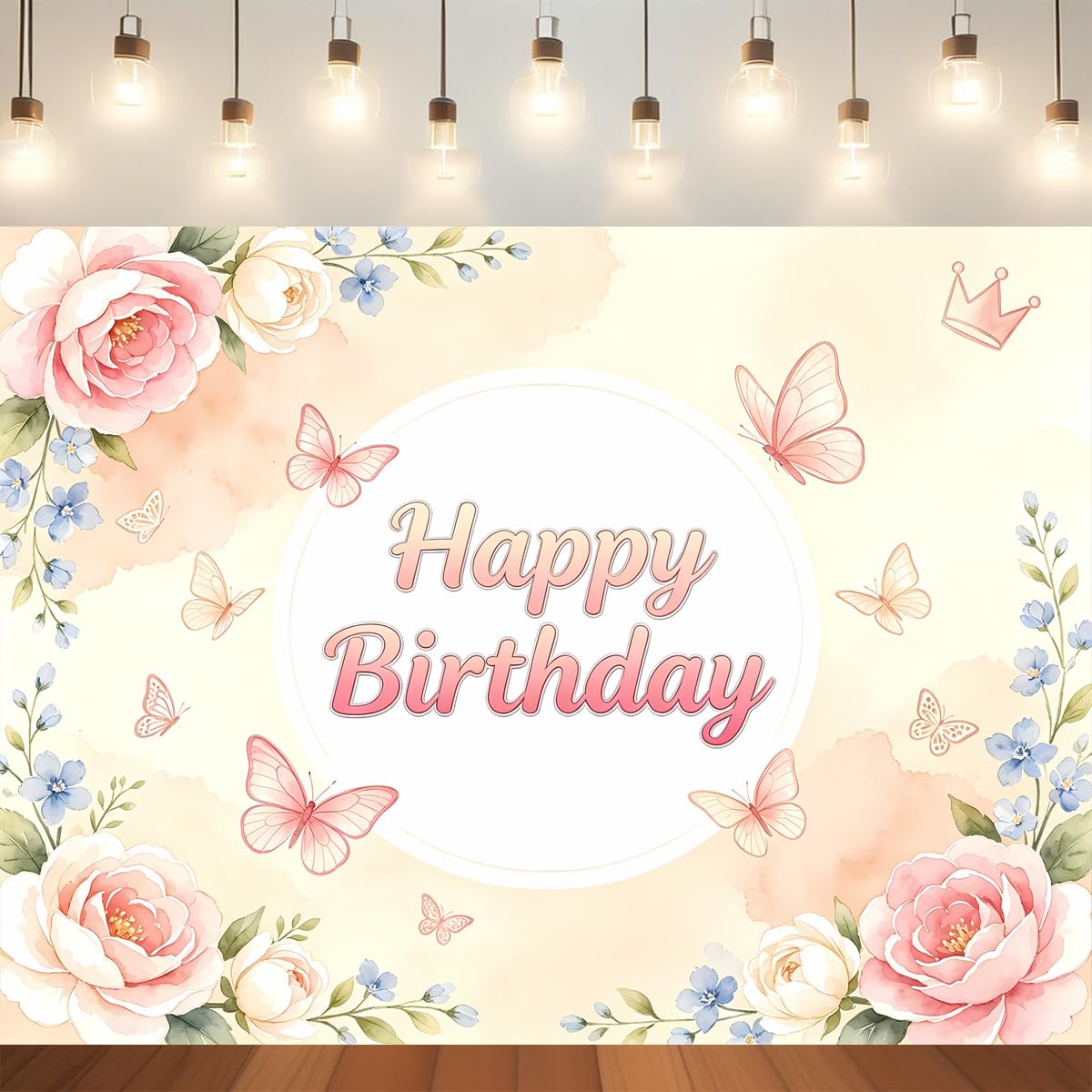 Pastelowe białe kwiatowe tło fotograficzne Happy Birthday, delikatna akwarela motyl i korona tło tkanina dla dziecka urodziny sesja zdjęciowa budka dekoracja