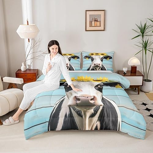 Miniatura 8 de Erosebridal Juego de edredón con estampado de vaca, juego de ropa de cama de mariposa, relleno completo de cuero de vaca, leche y vaca, juego de