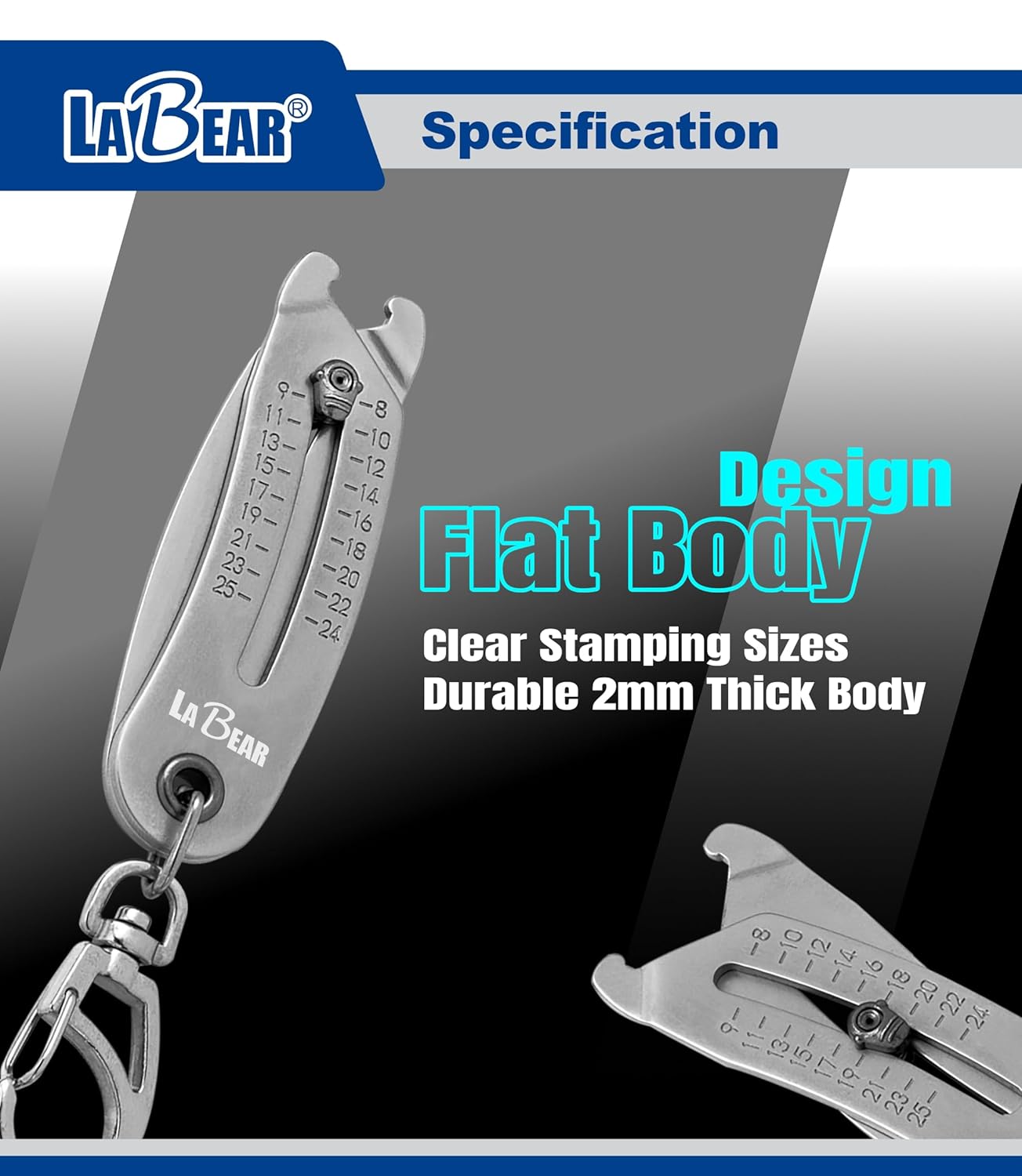 LABEAR Elite Nut and Bolt Size Identifier Keychain, Pro-Grade SAE & Metric Thread Gauge (8-25mm, 5/16"-1") Heavy-Duty Steel Fastener Checker & Wrench Size Finder, Permanent Stamped Markings