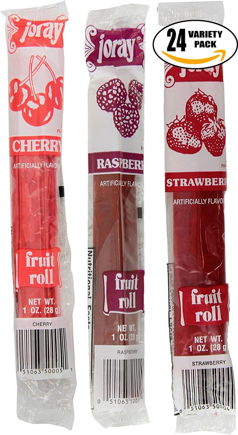 Joray Fruit Roll Variety Pack! Cherry, Strawberry Raspberry, .75 Oz Fruit Leather (Total of 24 Fruit Leathers)