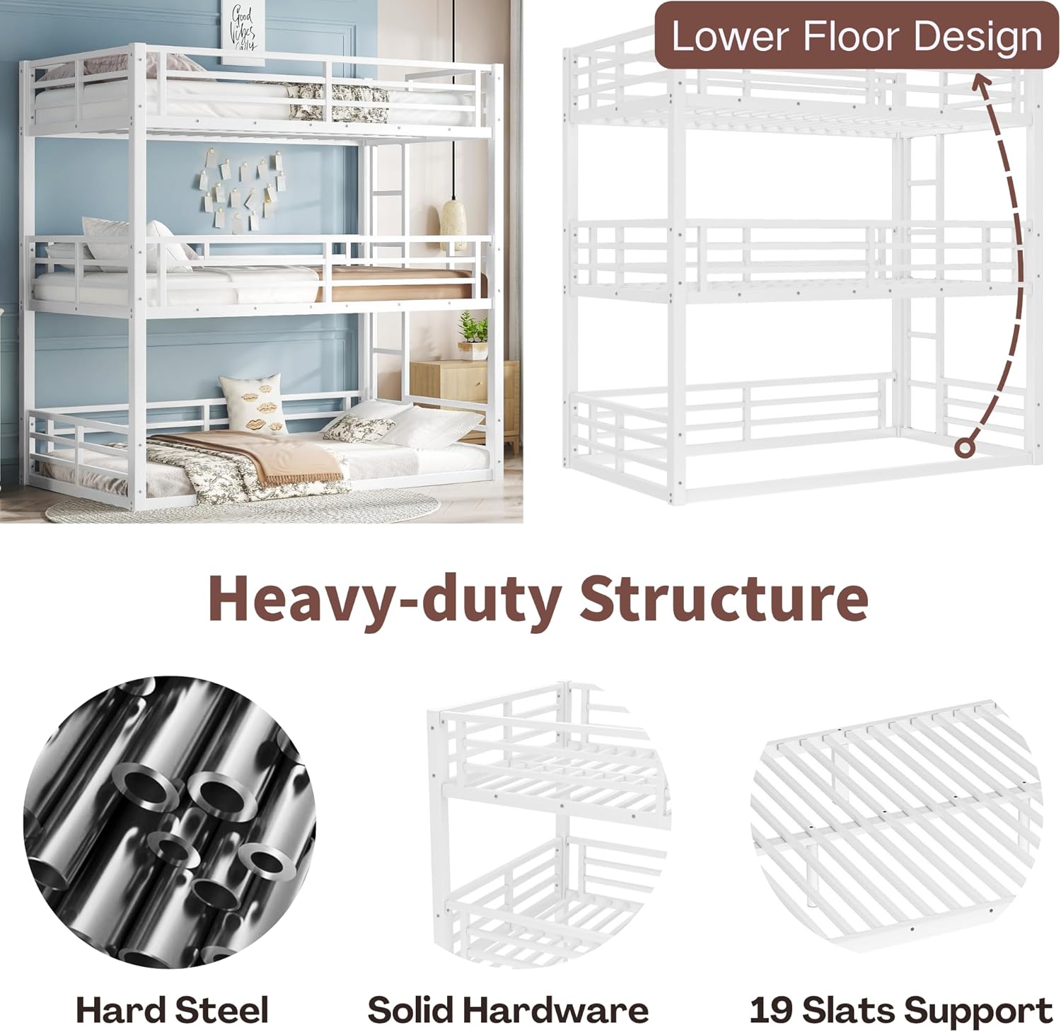 Diagram showing heavy-duty steel construction and slat support
