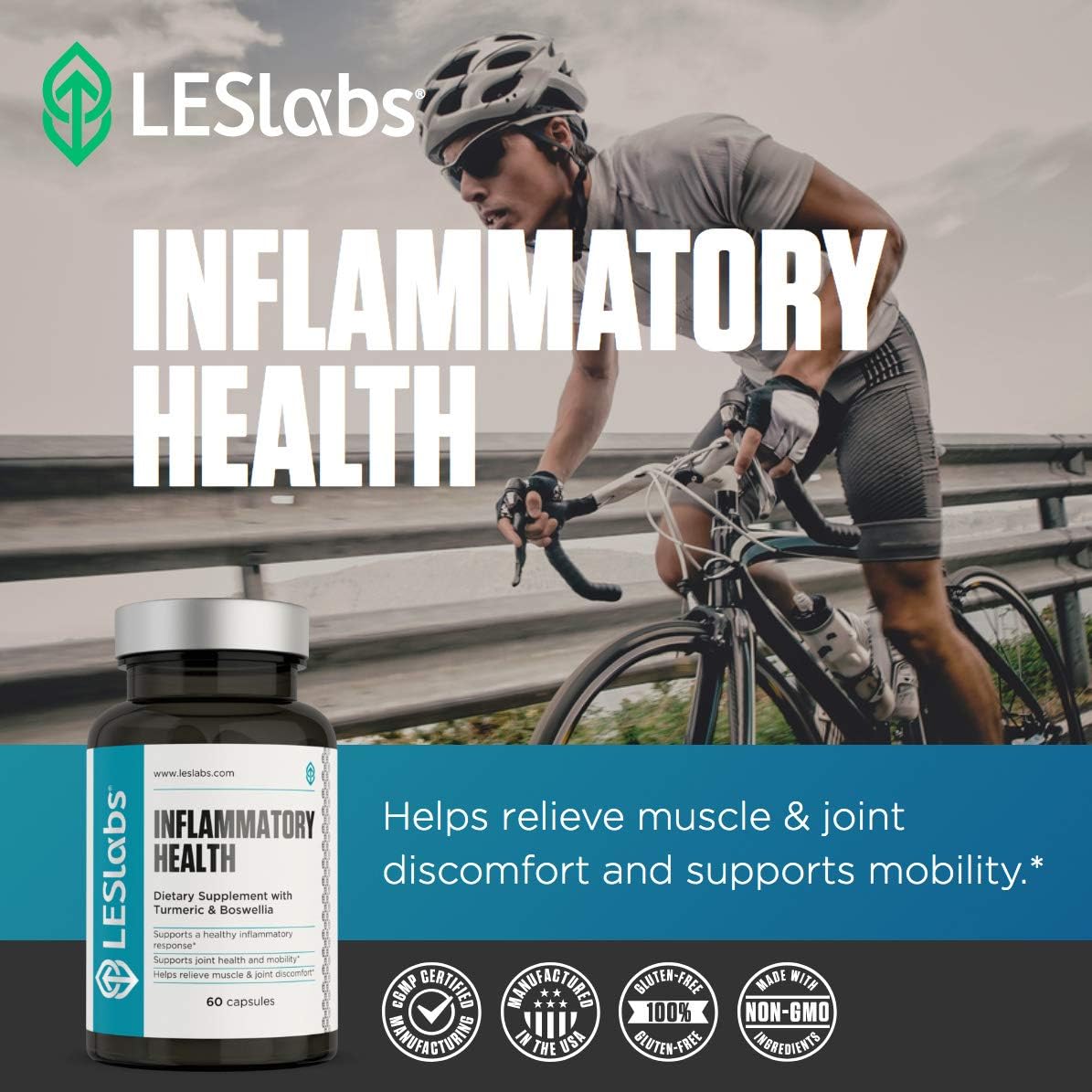 LES Labs Inflammatory Health – Joint Support, Muscle Function & Relaxation, Mobility, Healthy Inflammation Response – Turmeric, Boswellia, Quercetin, Ginger & CoQ10 – Non-GMO Supplement – 60 Capsules
