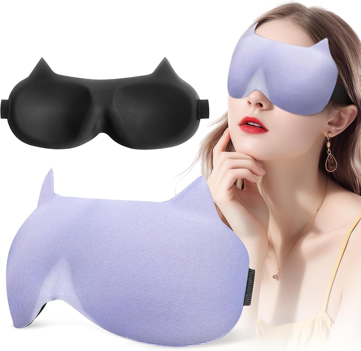 SOFTSLEEP Funny Light Blocking Sleep Mask，Cute Cat Ears 3D Eye Cover with Adjustable Strap for Both Women and Men，Ultra-Light Pressure-Free，Soft Blackout 3D Blindfolds for Travel，Nap，Party