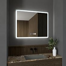 Ozarke Glowing LED Vanity Mirror, 3-Color Light, 2 Key Touch Switch Control, Anti-Fog, Digital Clock, UL Listed - Wall Mounted Dimmable Fixture for Bathroom & Bedroom Medium