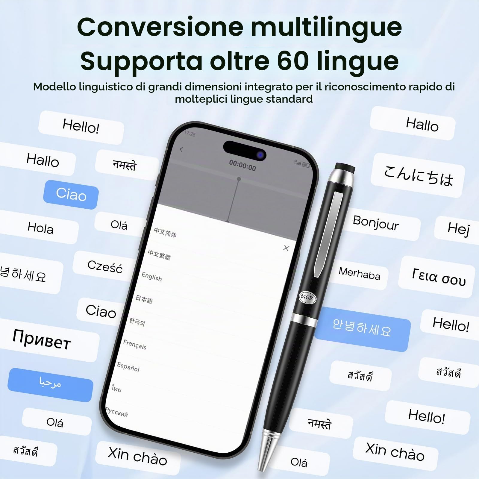 Penna Registratore Vocale 64GB, Mini Registratore Vocale Spia con AI, Traduzione 60+ Lingue, Registrazione Audio da 10 Ore, Microspia Audio Cimice a Distanza HD, per Riunioni, Lezioni, Interviste