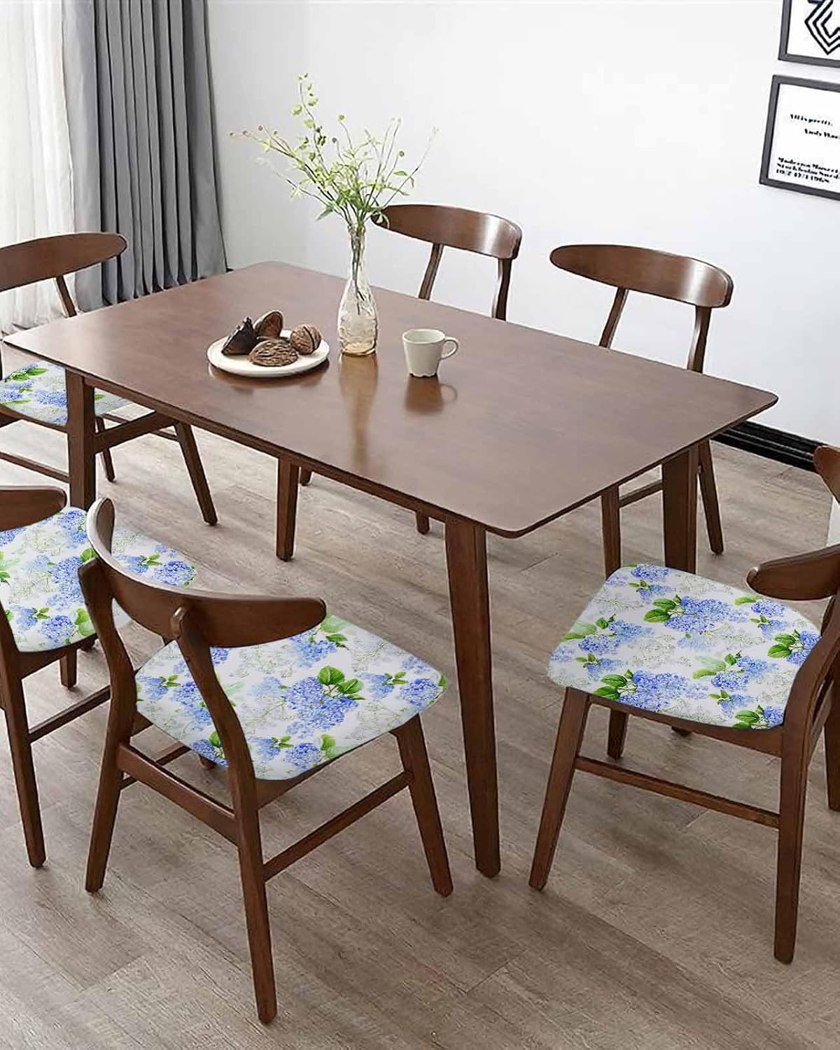 Watercolor Blue Flower Hydrangea Seat Cover for Dining Room Chair Set of 4, Green Leaves Floral Stretch Seat Slipcovers Removable Kitchen Chair Cushion Protector