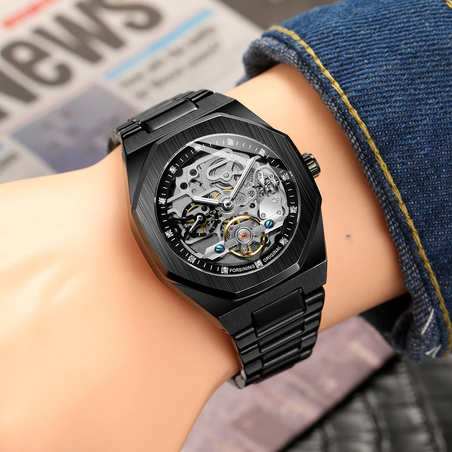 Fanmis - Reloj automático de lujo para hombre con pulsera de acero inoxidable