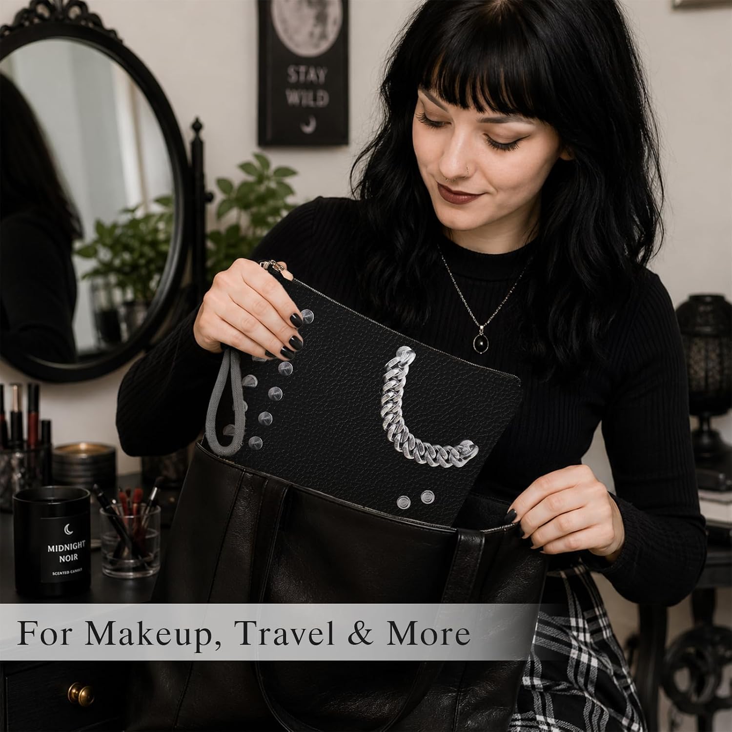 Dark Rivets Chain Makeup Bag for Women, Gothic Cosmetic Bag with Hand Strap, Lined Toiletry Pouch with Zipper For Women, Travel Organizer Bag for Essentials & Accessories - A04 image 5