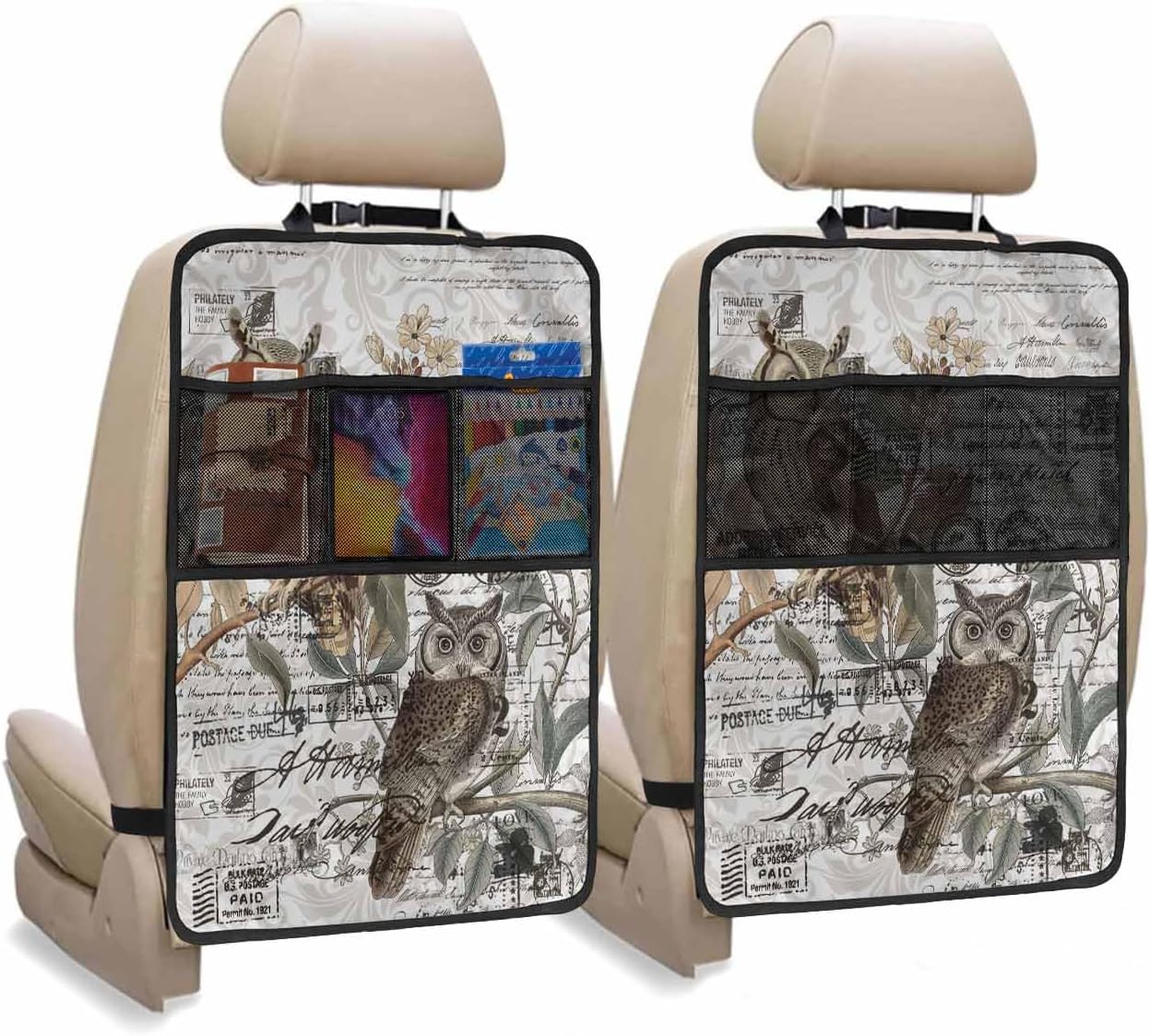 Car Seat Protector, 2 Pack Kick Mats Back Seat Protector Retro Illustration Owl Envelope Postmark Linen Pattern Waterproof Backseat Cover for Kids Universal Fit Automotive Interior Protectors