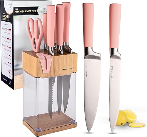 Juego de cuchillos de acero inoxidable negro y dorado con bloque, juego de 7 cuchillos de cocina dorados con bloque de cuchillos transparente