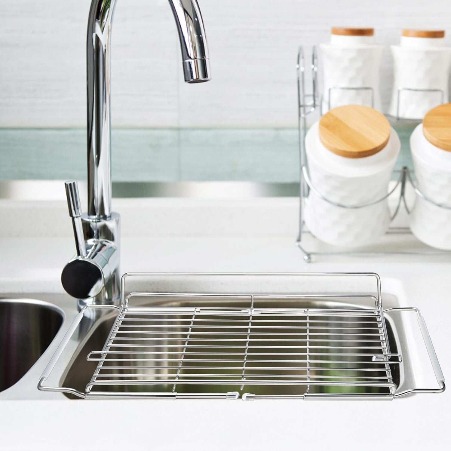 Cabilock Expandable Stainless Steel Kitchen Sink Dish Drying Rack with Utensil Holder, Adjustable Over Sink Storage Shelf for Household Dish Organization