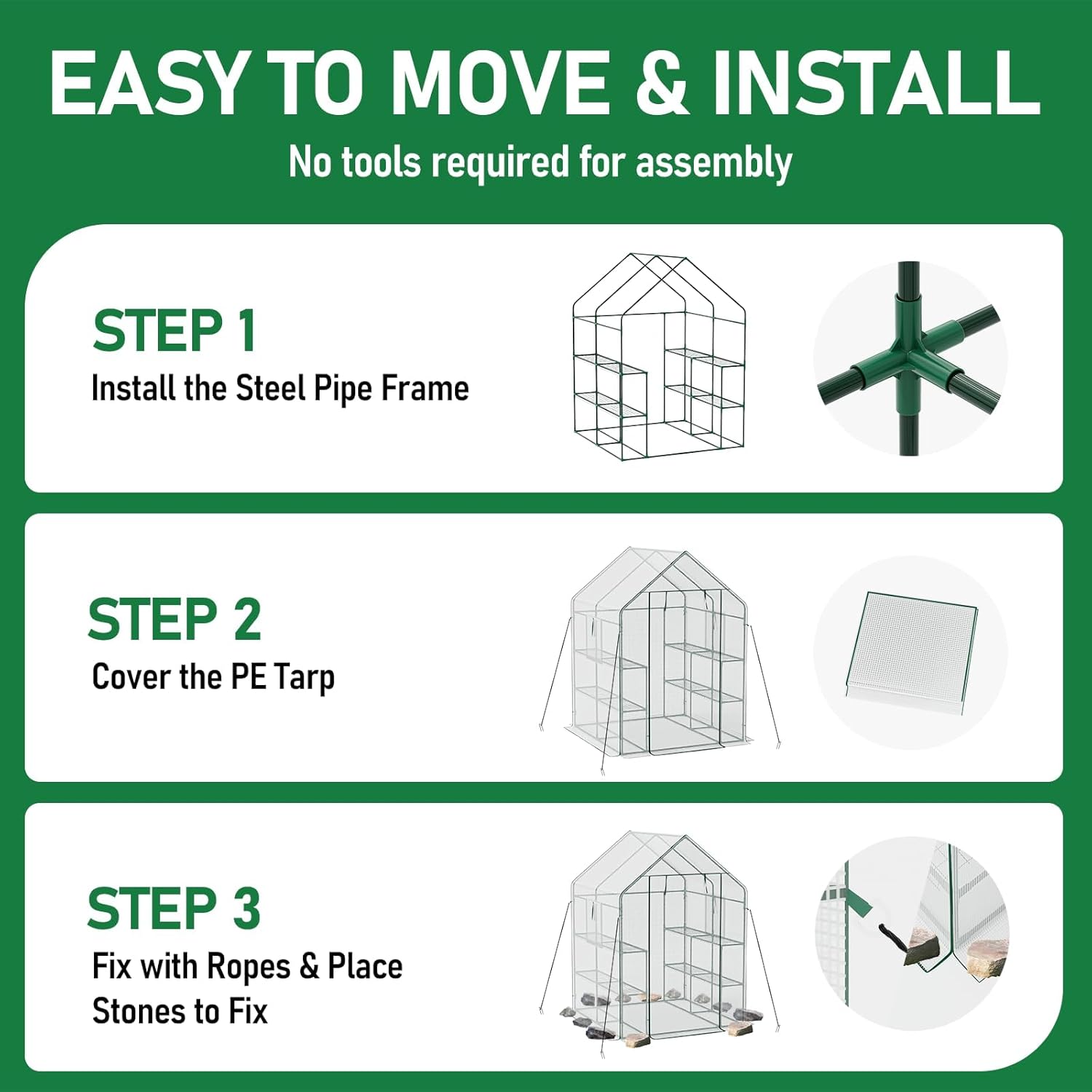 56×56×78Inch Walk-in Greenhouse, Heavy Duty Small Plant House with Thicken PE Cover and Steel Frame, for Garden, Outdoors, Indoors, White