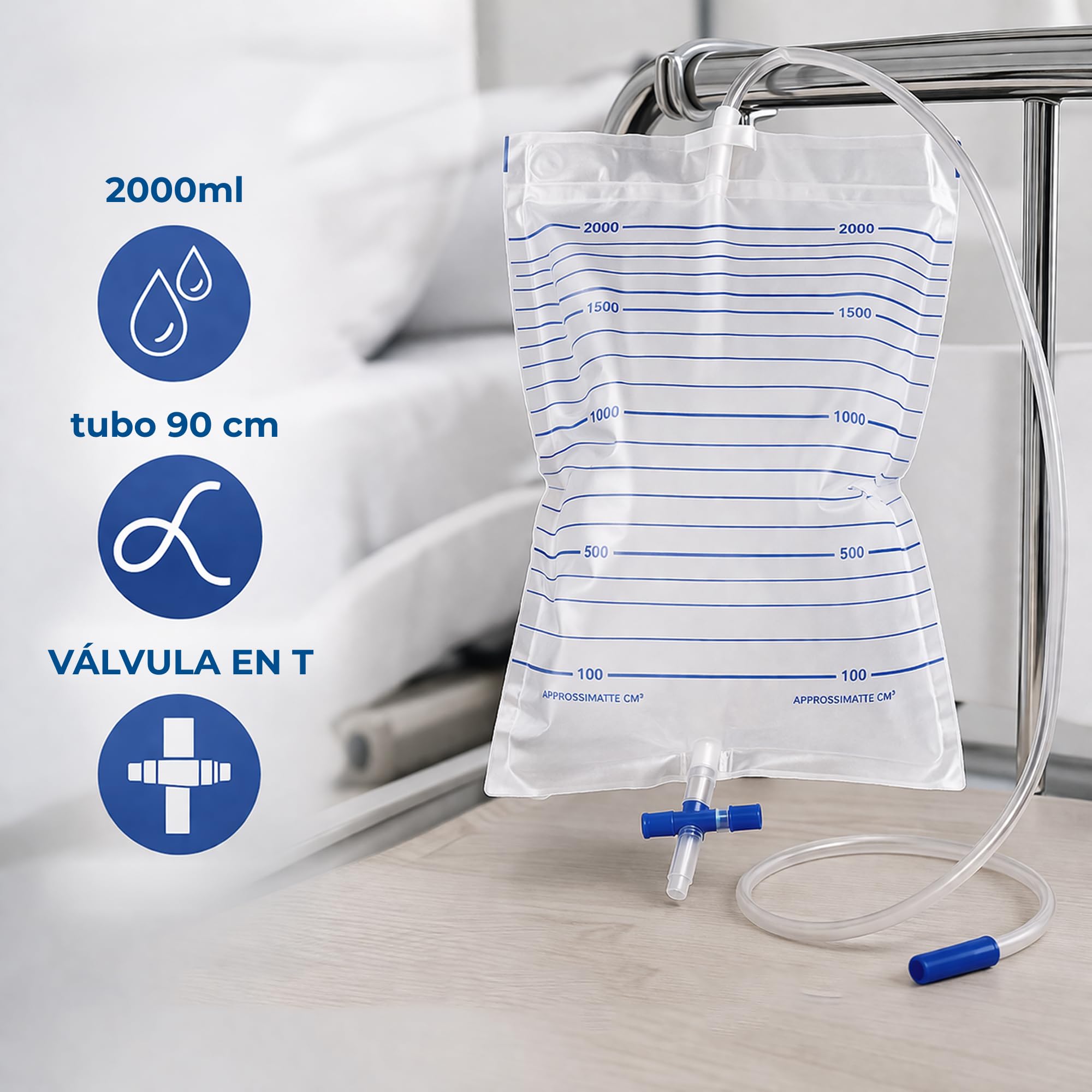 Bolsa de orina no estéril – 25 piezas | tubo 90 cm | Bolsa drenaje urinario con grifo en T y válvula antirreflujo | Escala graduada desechable