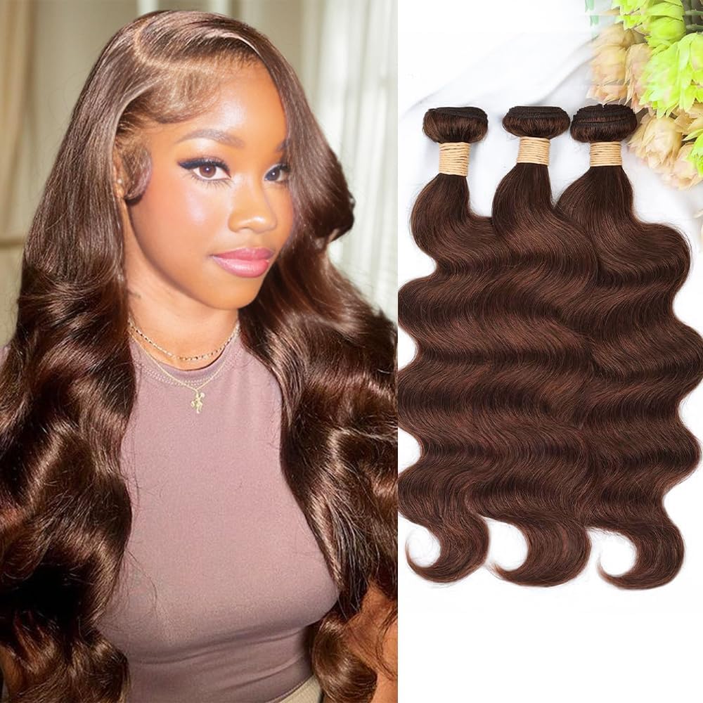 ALLRUN 18 20 22 Inch Brown Human Hair Bundles Body Wave 3 Pcs - 100% Unprocessed Brazilian Virgin Hair Extensions Chocolate Brown Bundles Human Hair 4# Color (12A)