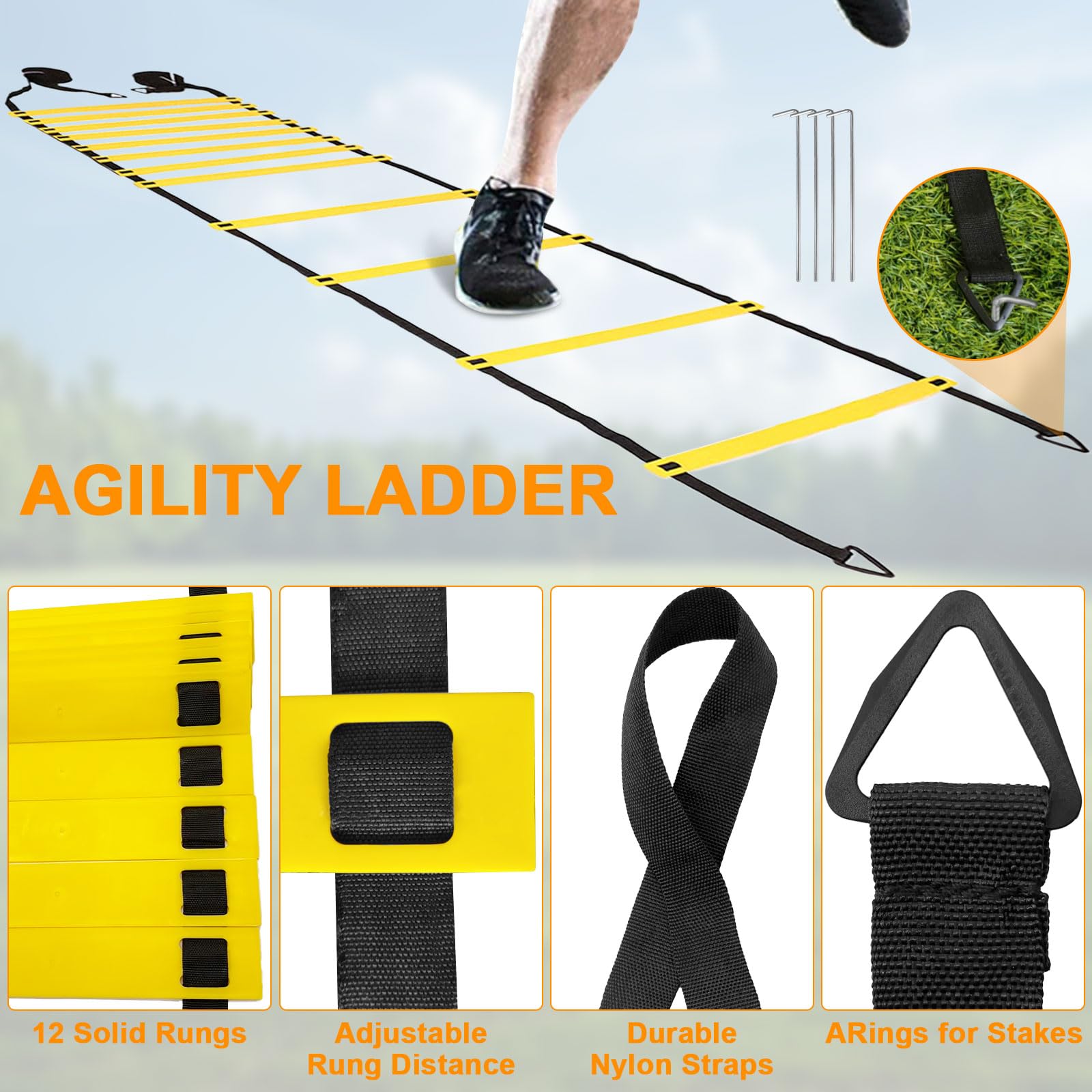 Set d'Entraînement Football Professionnel - 1 Échelle d'Agilité 6m + 12 Cônes + Accessoires pour Vitesse et Agilité