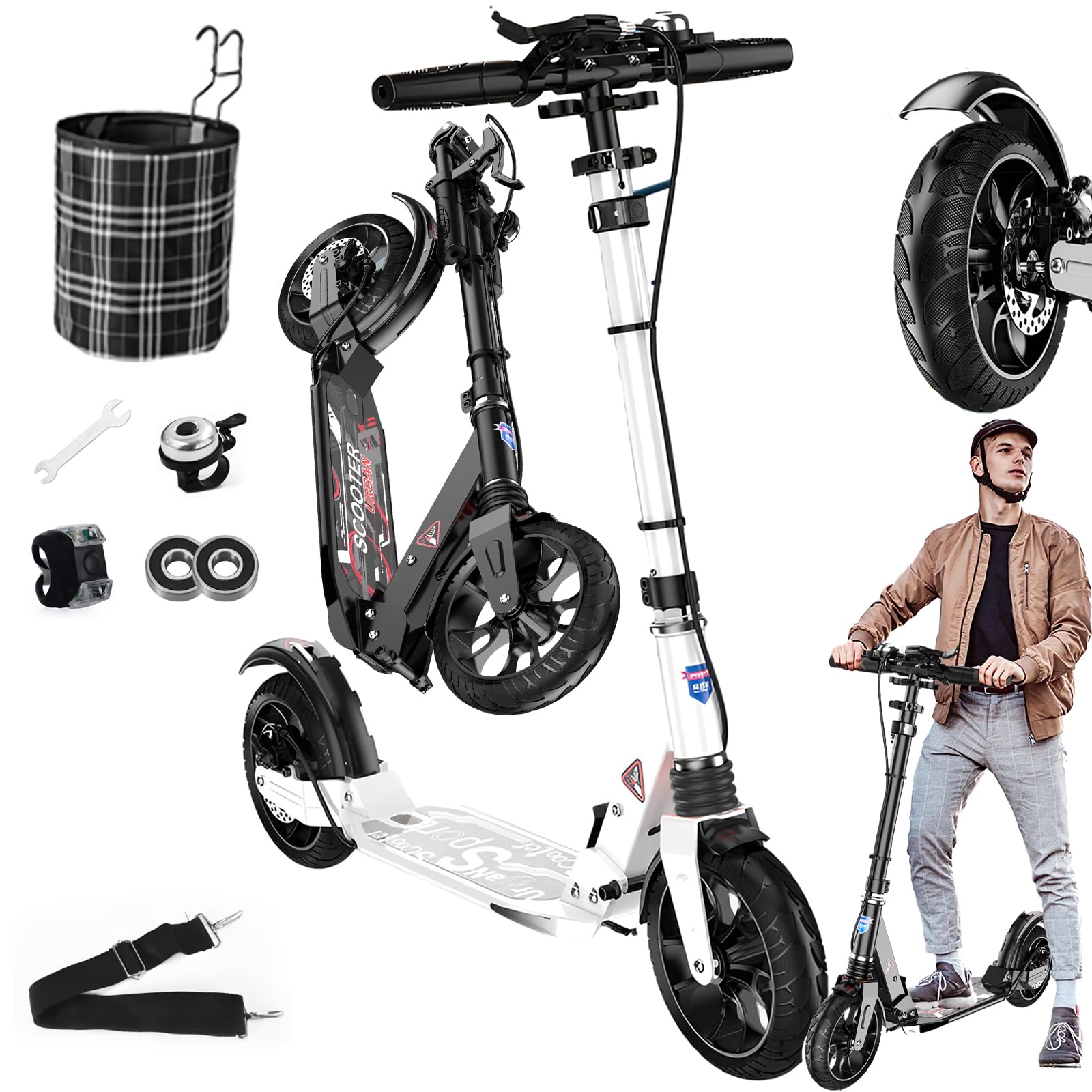 City Roller Erwachsene 150 kg Tragkraft Big Wheel Scooter, Klappbarer Cityroller mit Handbremse und Doppelten Federung, Tretroller Kinder ab 8 Jahre, Höhenverstellbar Kickscooter