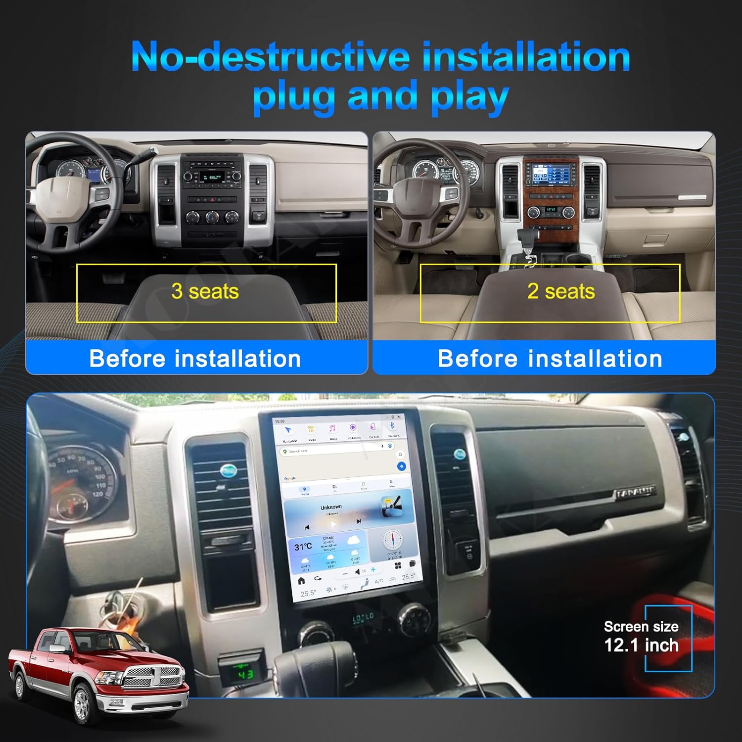 MOOKAKA Android 13 Qualcomm Car Radio for Dodge RAM 1500 2500 3500 2008-2012 Truck Stereo Upgrade Tesla Style Touch Screen Carplay Android Auto GPS Navi Dash Multimedia Player,Two Seats Version