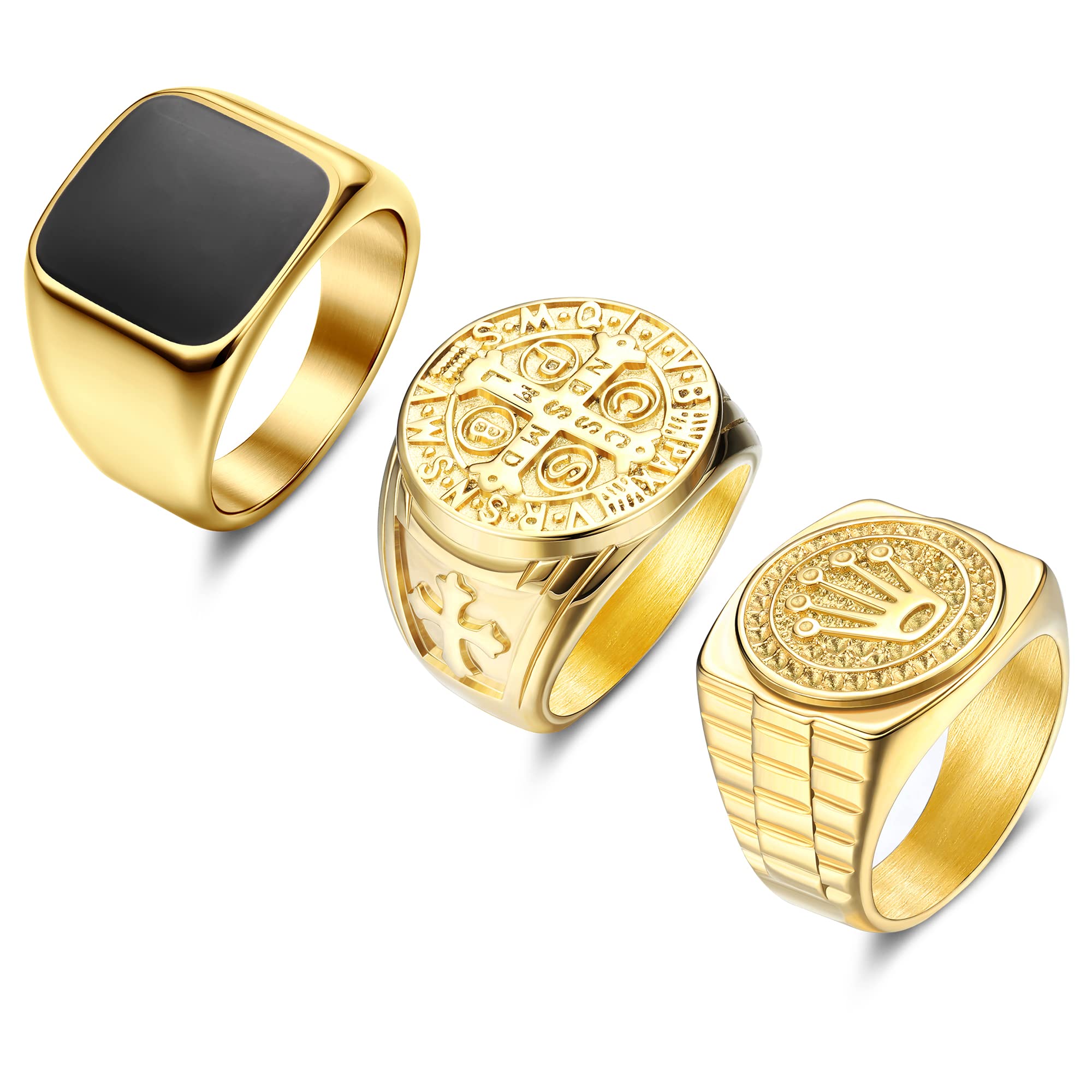 JeweBella 3 Piezas Anillos Hombre Sello Acero Inoxidable Punk Biker Anillo Oro Conjunto Hip Hop Cruz Religiosa Corona Anillo Tallado Talla 14-30