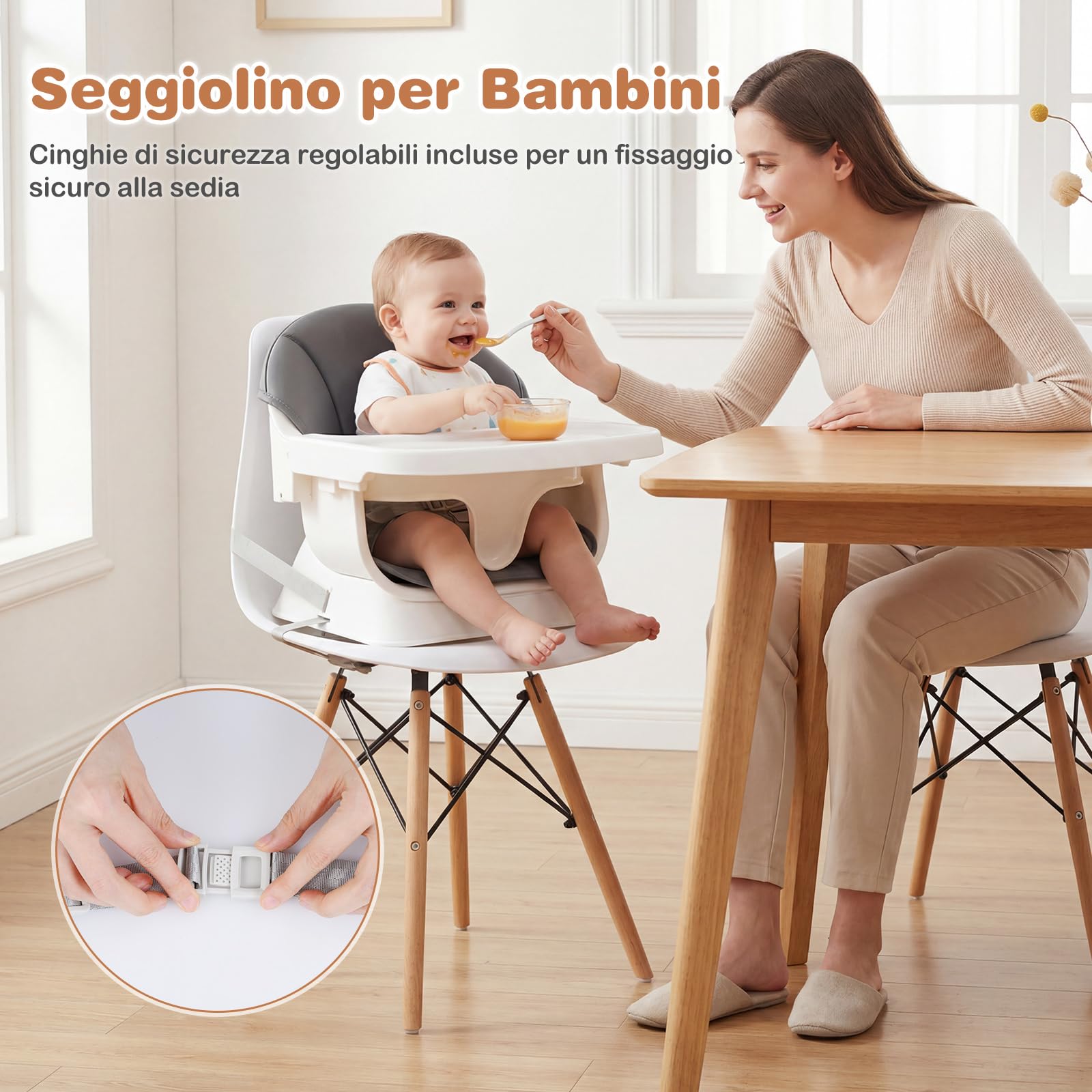 COSTWAY Seggiolone Pappa per Neonati, Seggiolone Evolutivo Convertibile con Vassoio Regolabile, Cuscino Rimovibile, Cintura di Sicurezza a 5 Punti, in Legno con per Bambini 6-36 Mesi