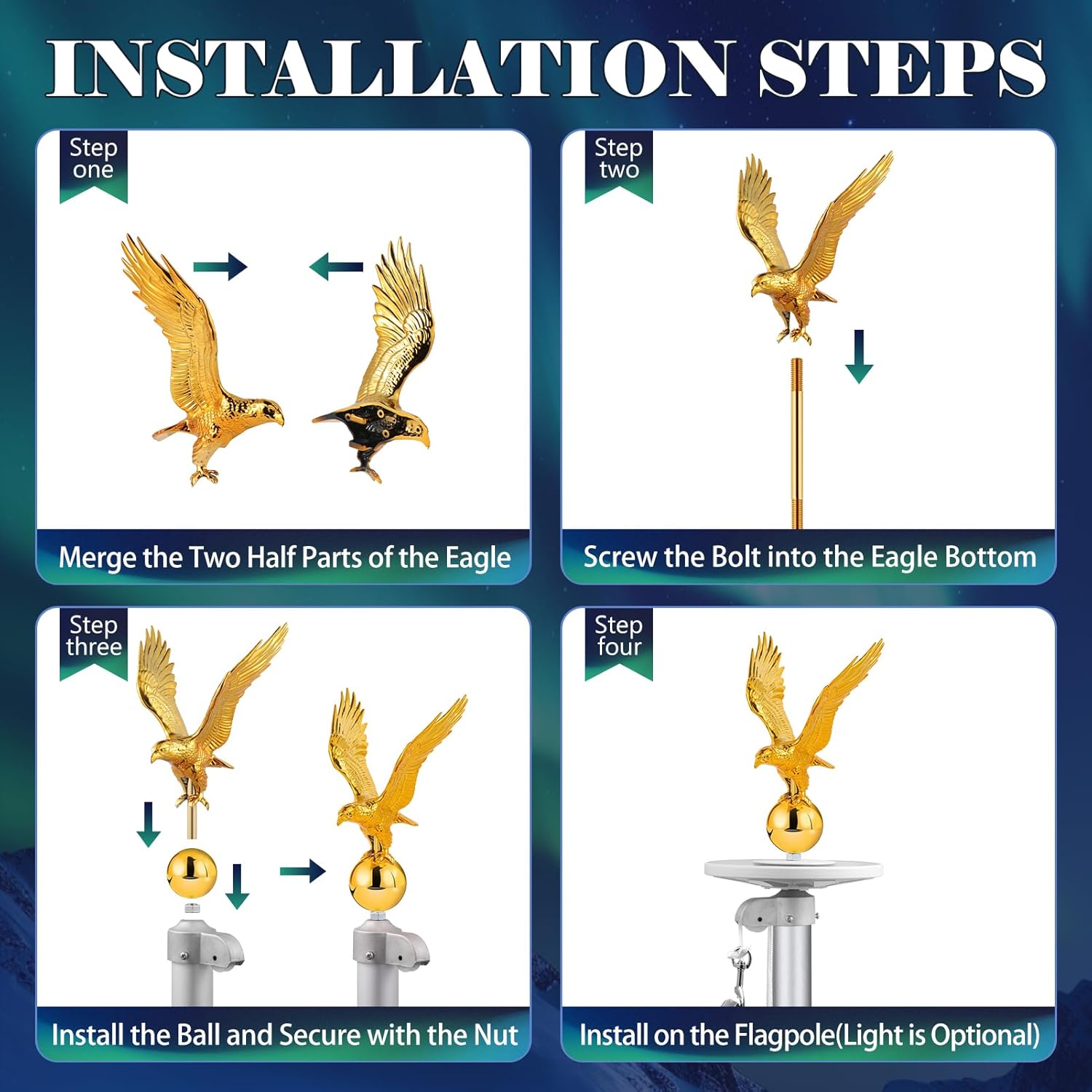 Golden Eagle Flagpole Topper, 13" Eagle Ornament for 20/25/30 Ft Telescopic/Sectional Flag Poles Outdoor, Fit 2" Standard USA Flag Poles, Auro 1 - Gold - Image 5