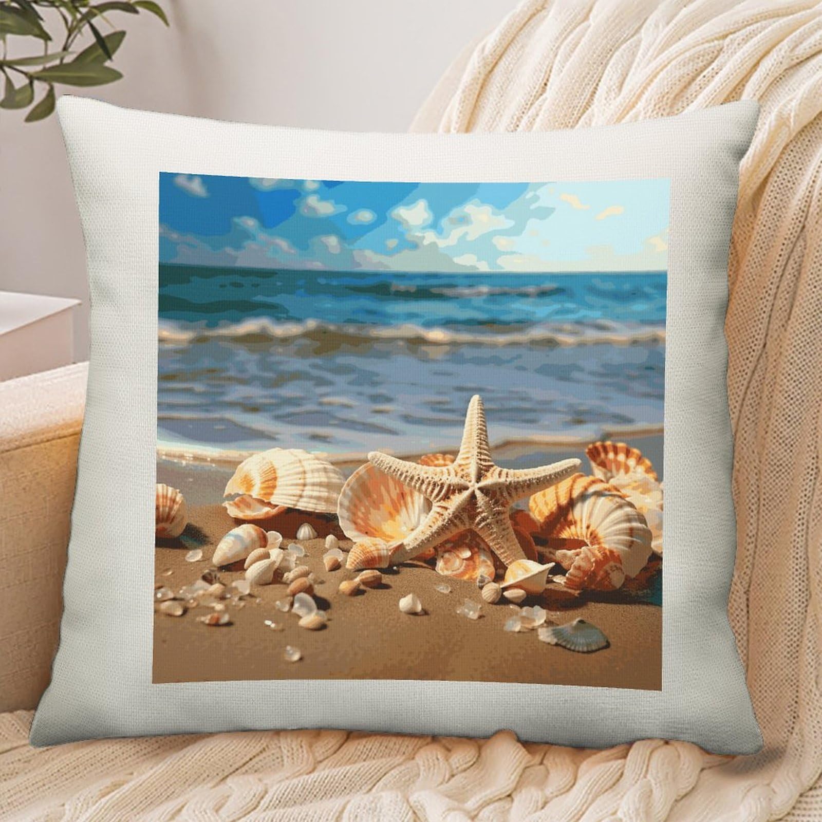 Adfgyerh Style Seashells On The Sandy Beach Pillow Cover Breathable,Pillowcases Boho Decorative Envelope Closure,Throw Pillow Covers For Beach,Patio,Balcony,Couch Living Room 16 * 16In