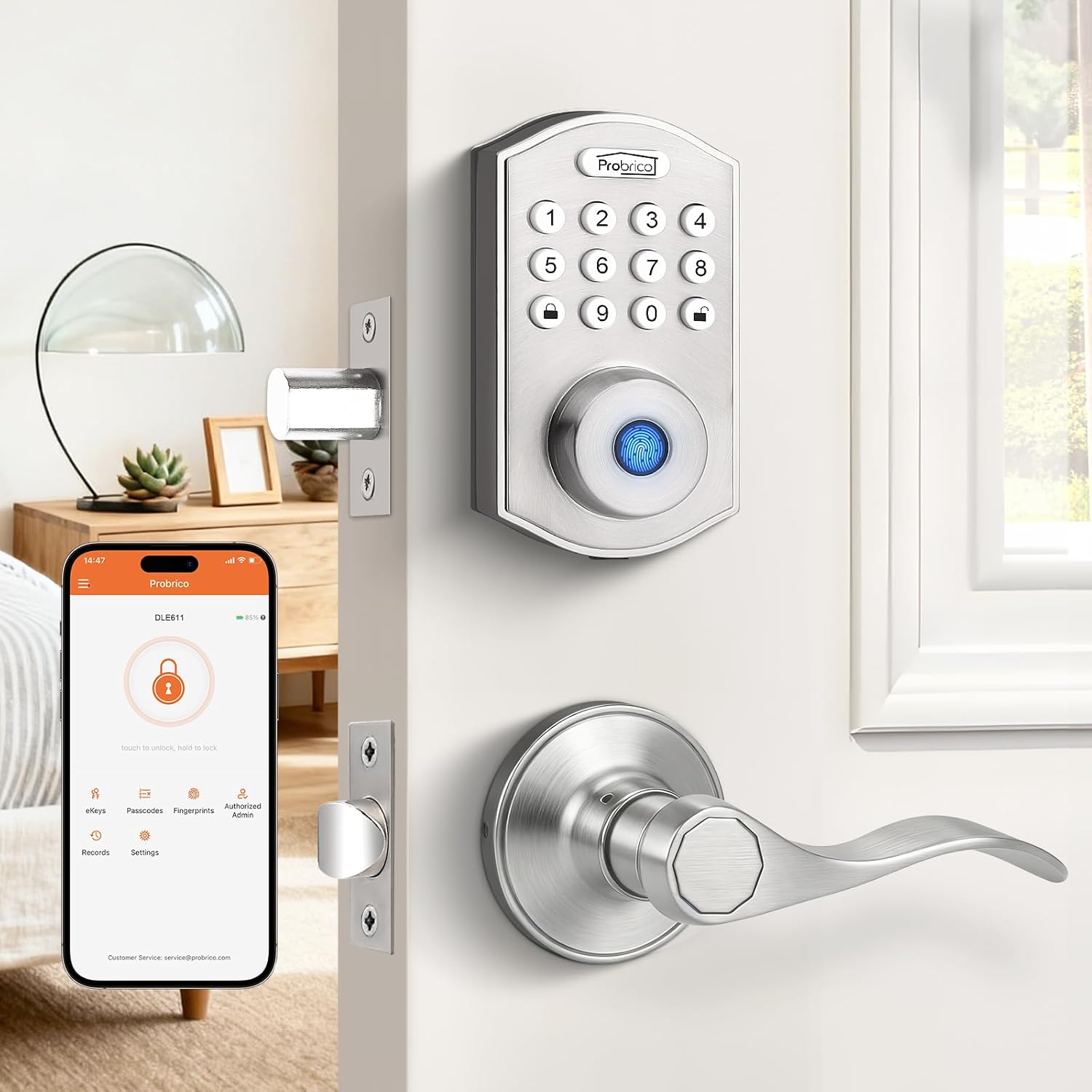 Probrico Keypad Door Lock with Handle Keyless Entry Door Lock, Smart Locks for Front Door Fingerprint Deadbolt with Handle, Black Smart Deadbolt Entry Door Handle Set