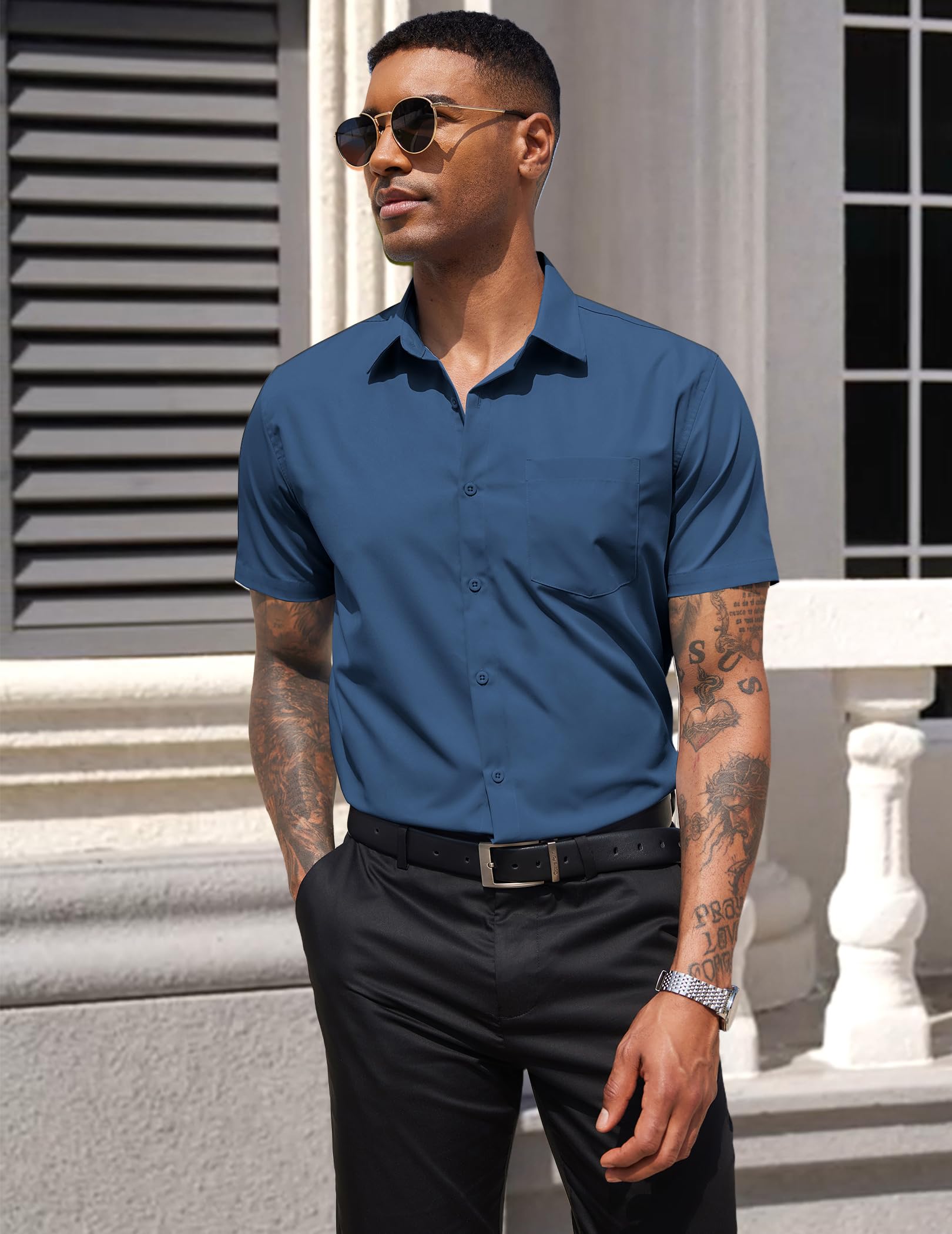 COOFANDY Men's Short Sleeve Casual Button Down Shirt Business Untucked Dress Shirts with Pocket